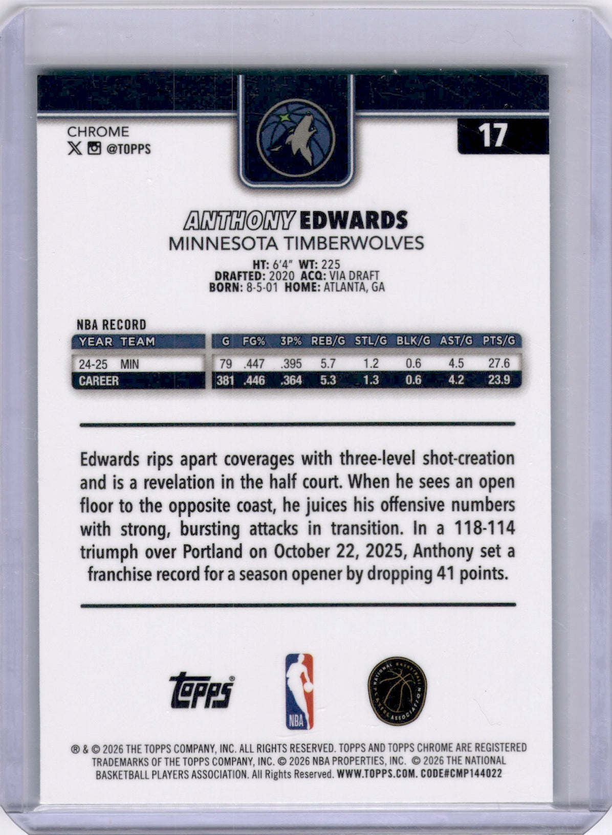 Anthony Edwards 2025-26 Topps Chrome Update Green Refractor /99 Timberwolves