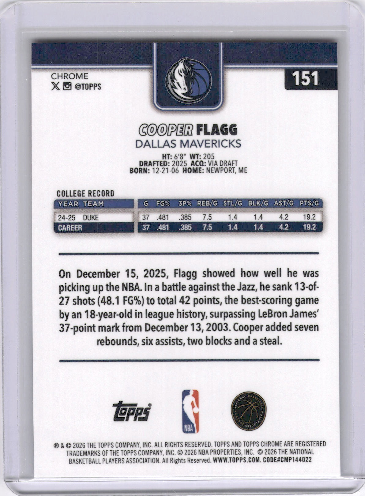 Cooper Flagg 2025-26 Topps Chrome Update Red White Blue Rookie RC Mavs