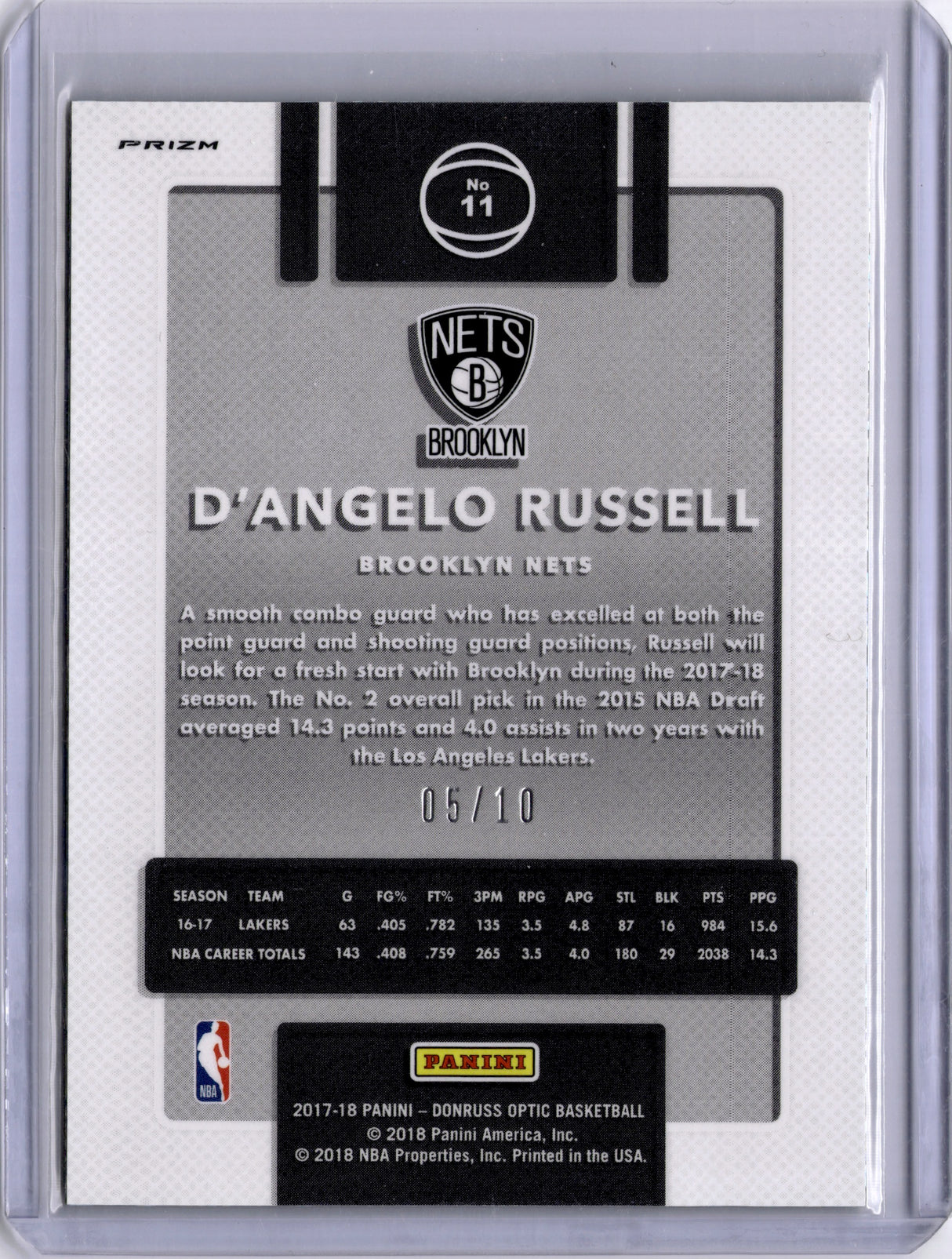D’Angelo Russell 2017 Optic Gold Fast Break /10 Prizm Nets