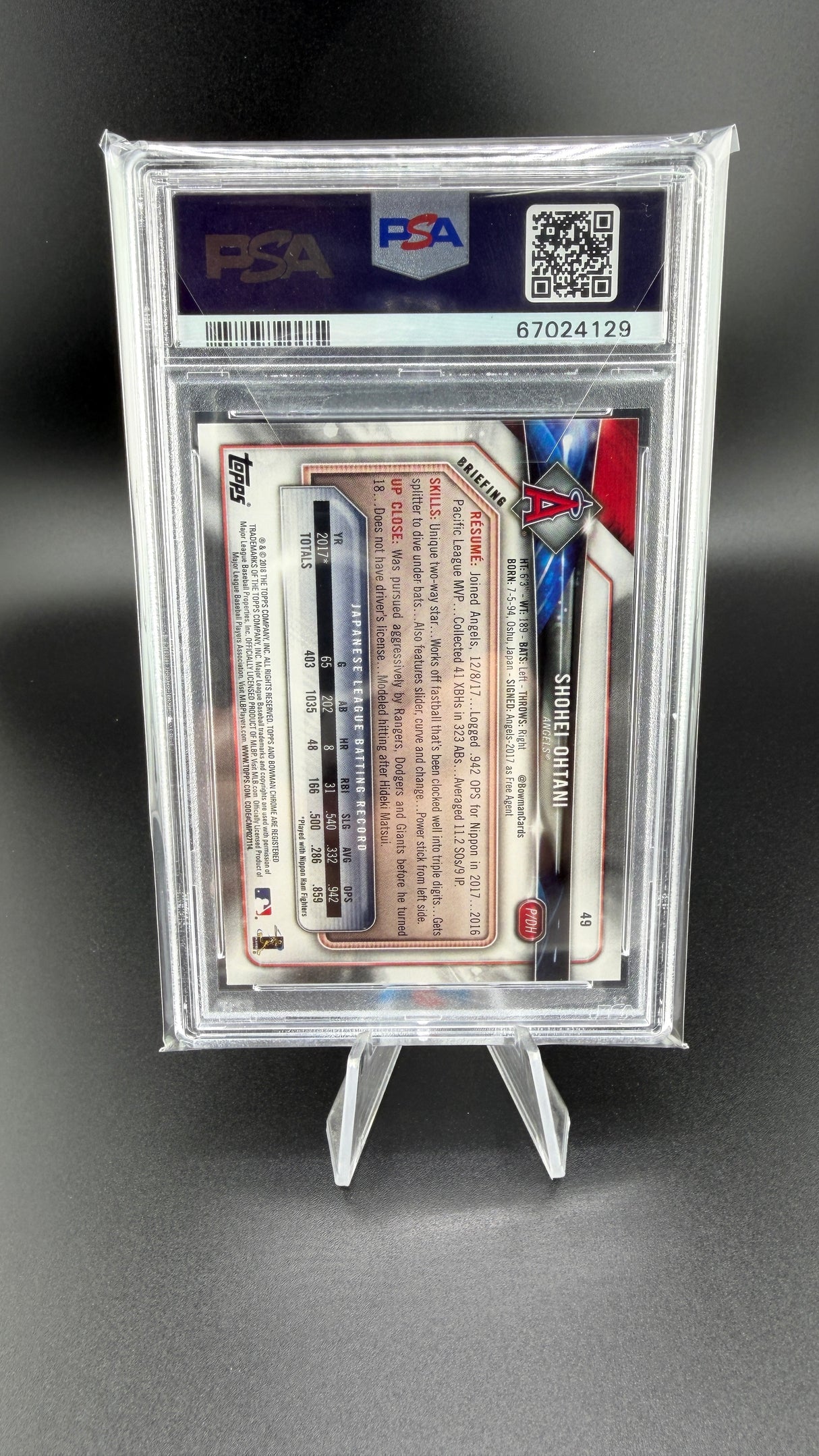 Shohei Ohtani 2018 Bowman Rookie RC PSA 9 Mint Angels Dodgers