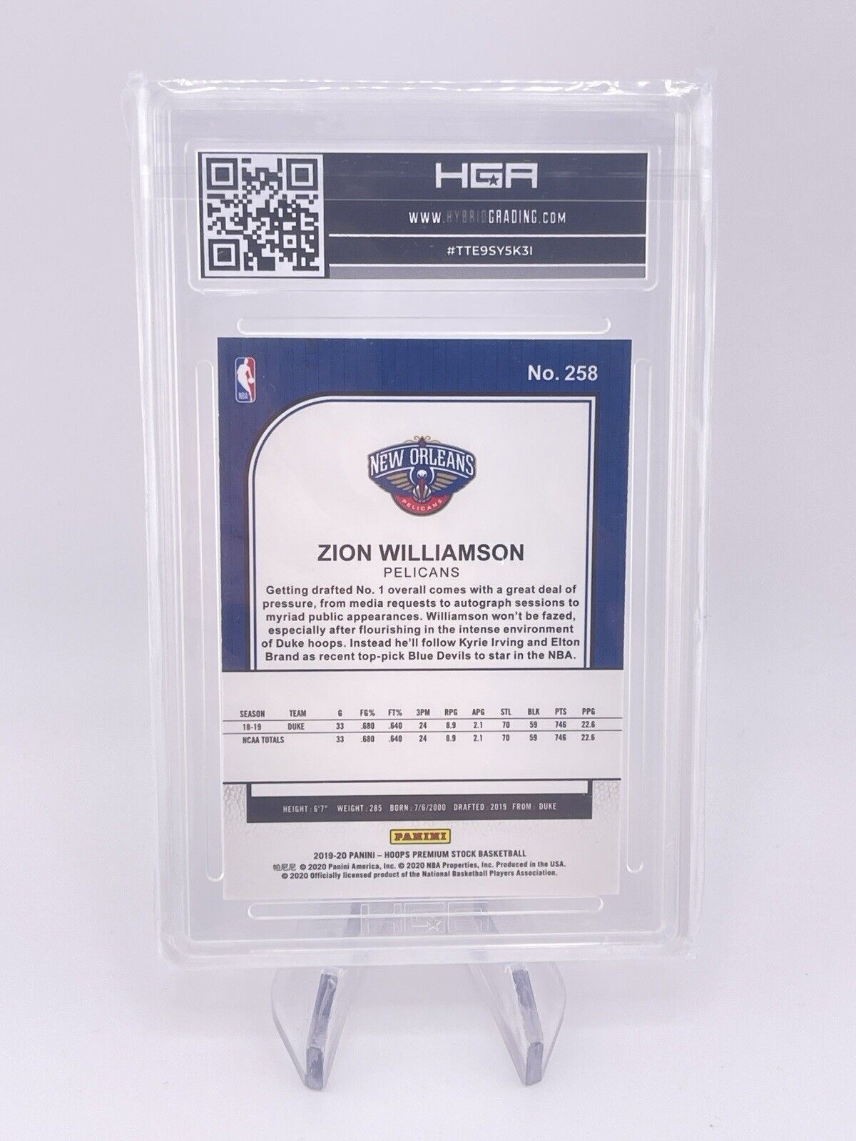Zion Williamson 2019 Hoops Premium Stock #258. Pelicans RC Rookie PSA 9 MINT