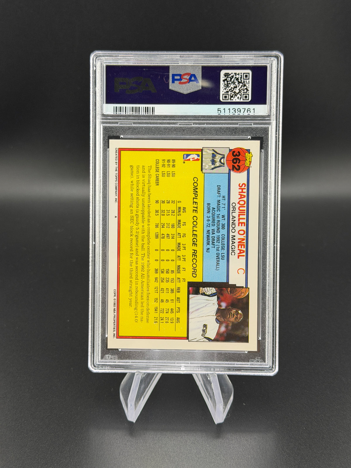 Shaquille O'Neal 1992-93 Topps Rookie RC PSA 10 Gem Mint Magic