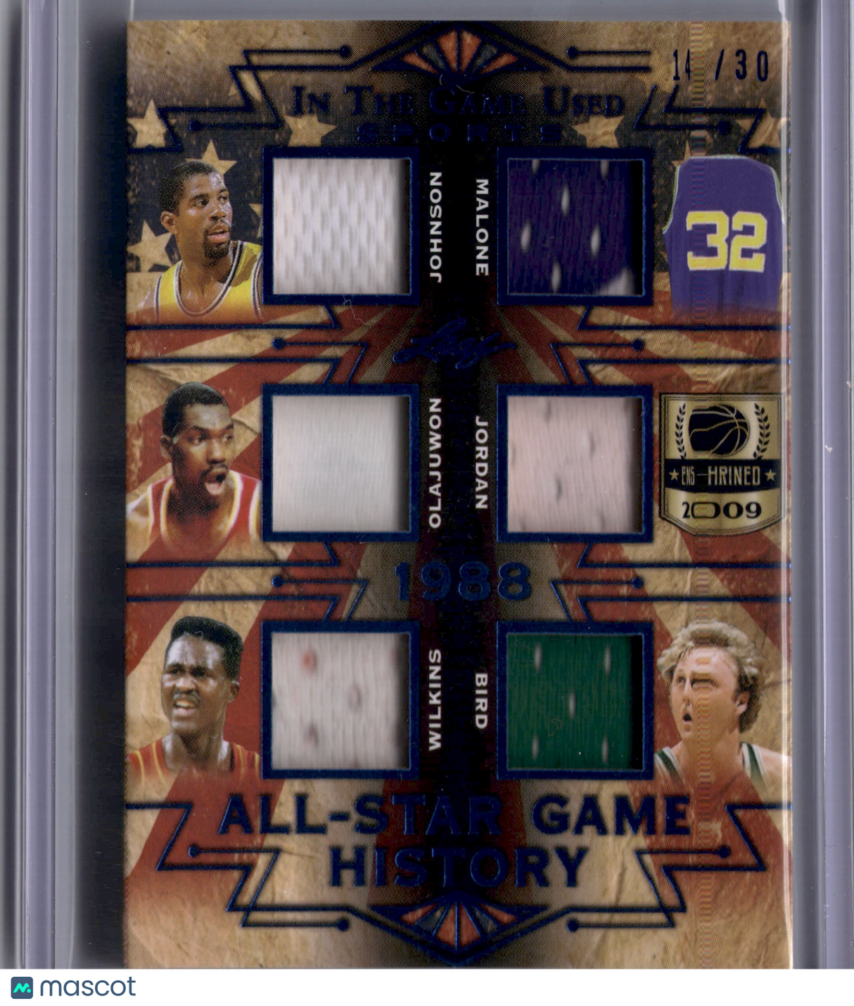 Jordan Magic Bird Olajuwon Dominique Malone 2019 Leaf Game Used Patch Jersey /30