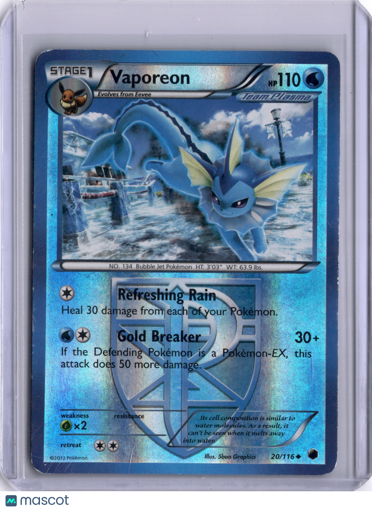 Vaporeon 2013 Pokemon Black & White Plasma Freeze 20/116 TCG