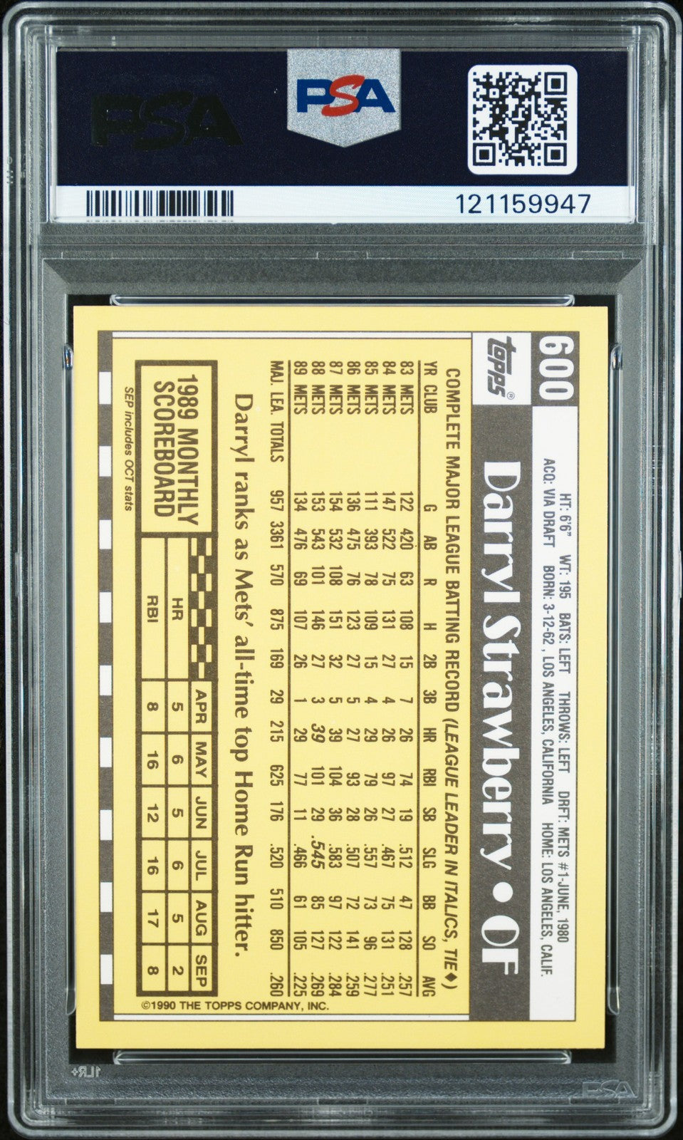 DARRYL STRAWBERRY 1990 TOPPS TIFFANY PSA 10 Gem Mint Mets