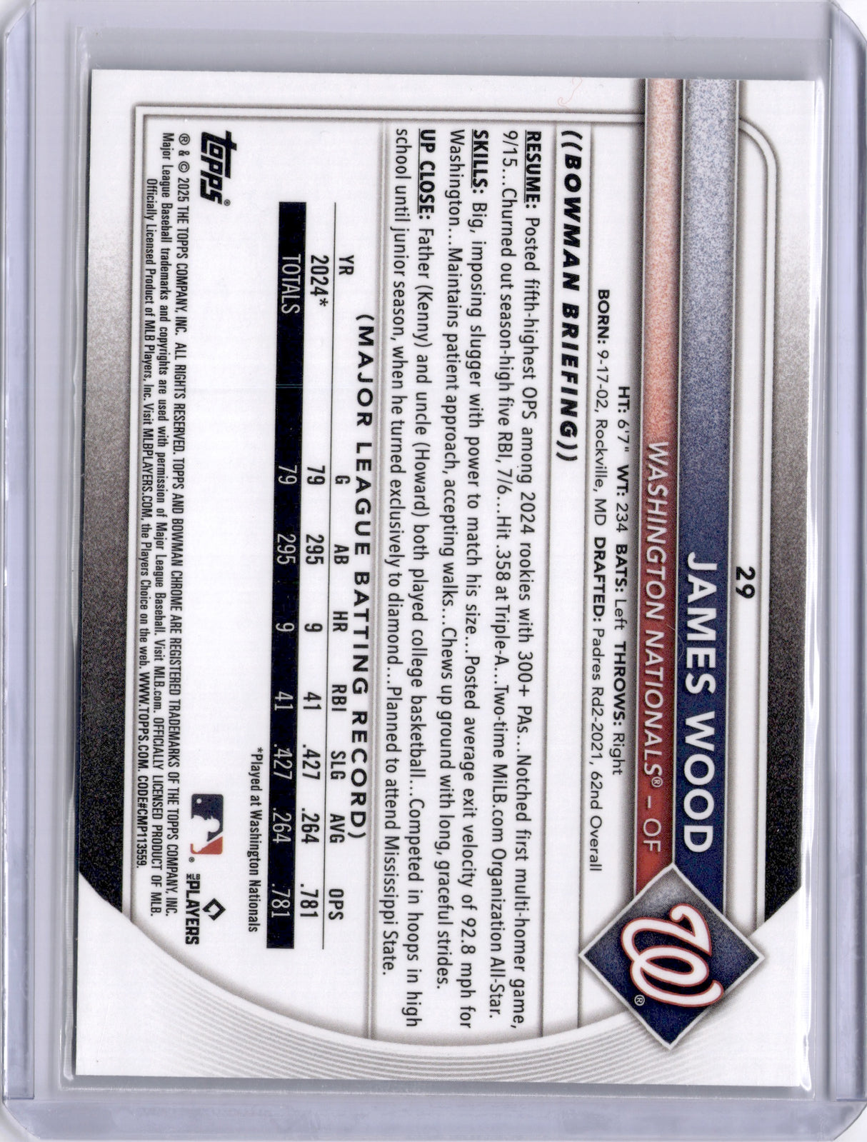 James Wood 2025 Bowman Chrome Red Rookie Logo RC Redemption Nationals