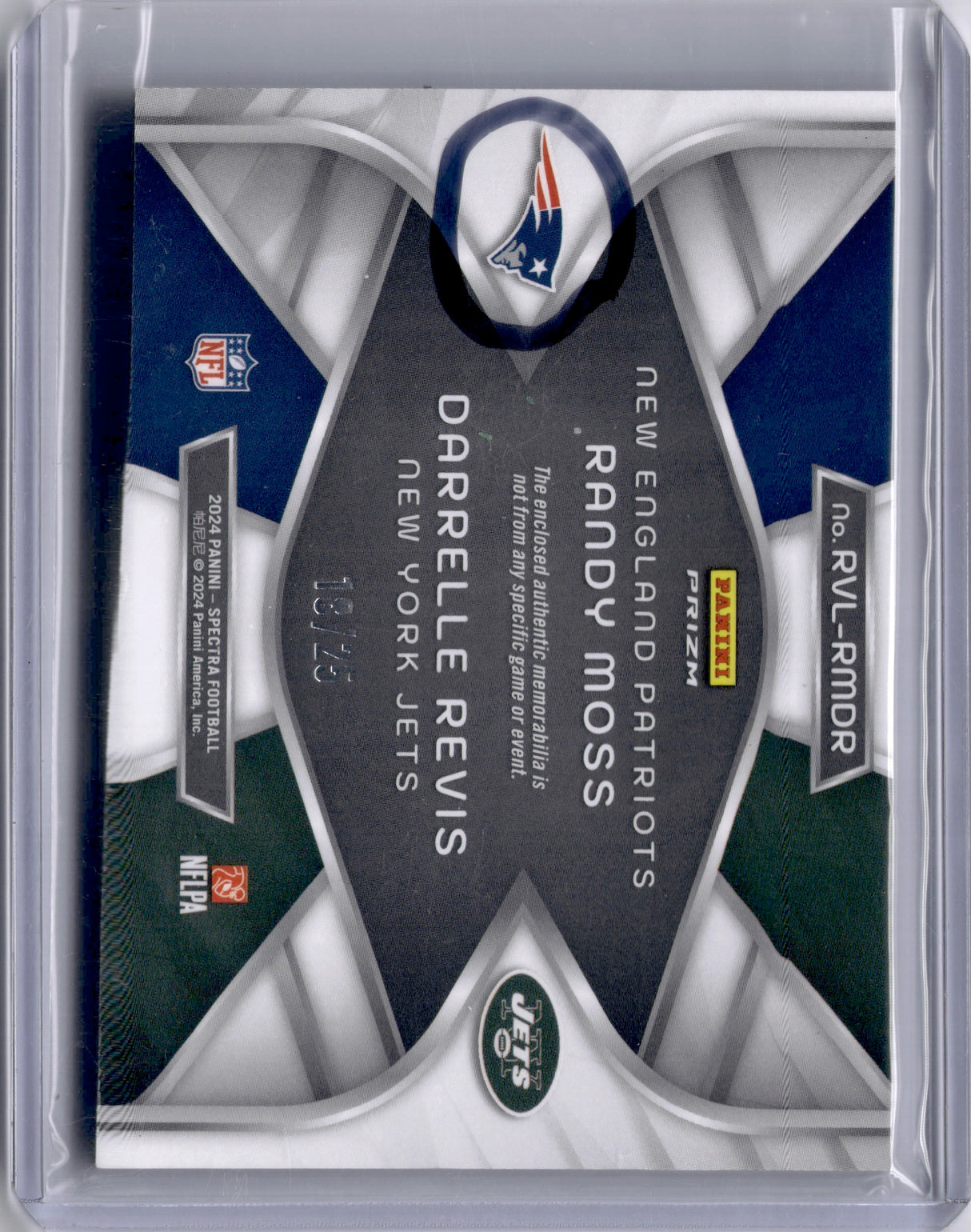 Randy Moss Darrelle Revis 2024 Panini Spectra Jersey Patch /25 HOF