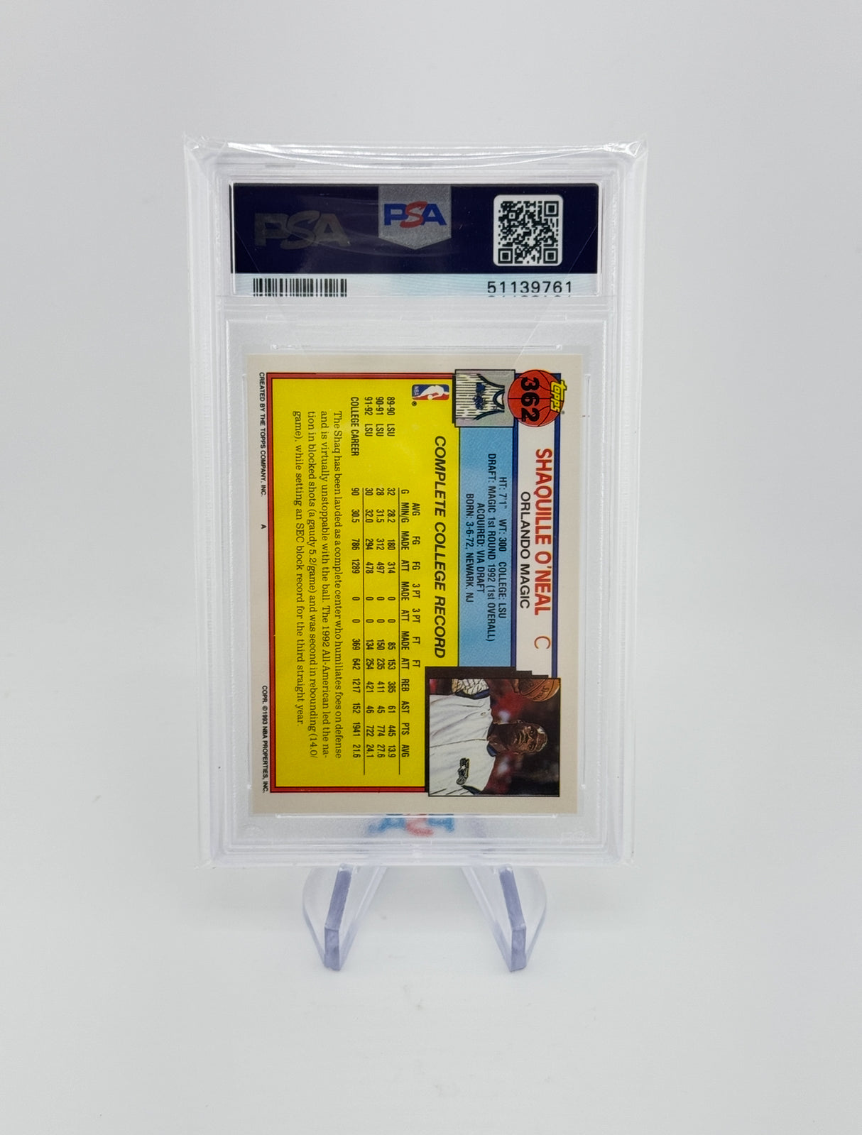Shaquille O'Neal 1992 Topps Rookie RC PSA 10 Gem Mint  Orlando Magic HOF