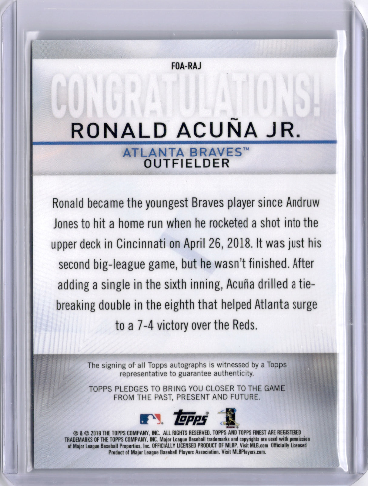 Ronald Acuña Jr. 2019 Topps Finest Auto Finest Origins On Card Autograph Braves