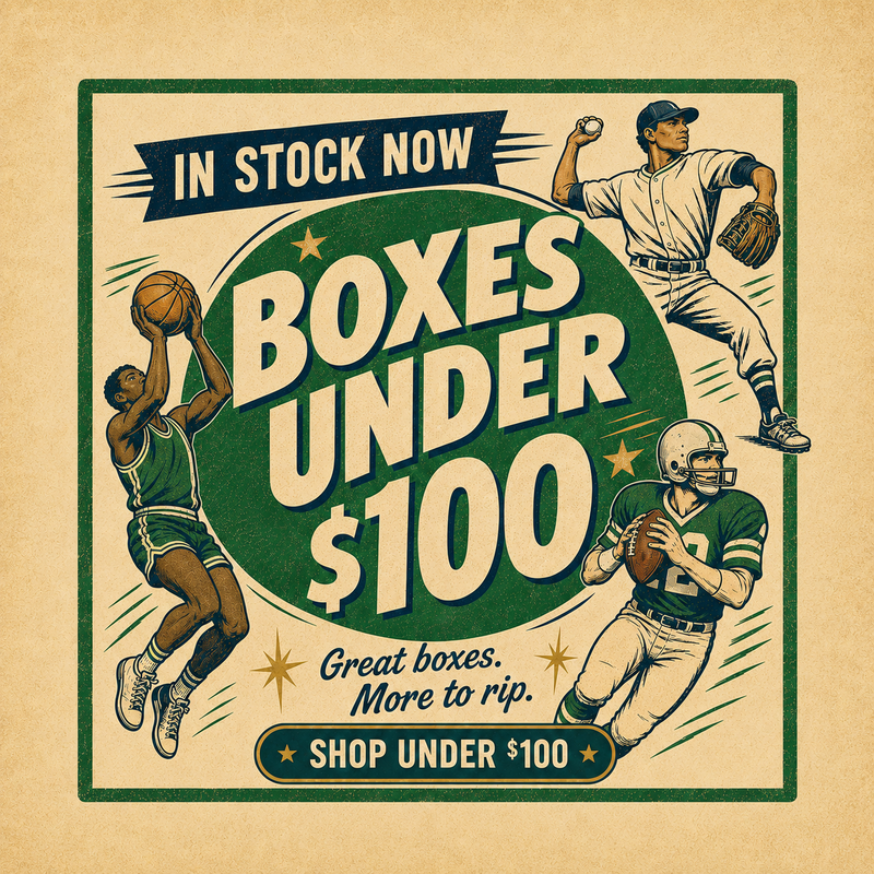 Vintage-style promotional poster advertising 'BOXES UNDER $100' with sports players in action, including basketball, baseball, and football, on a tan background with a green border.