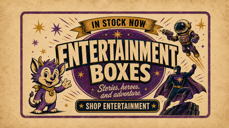 Vintage-style promotional poster for 'Entertainment Boxes' with illustrated characters including a purple cartoon creature, an astronaut, and a superhero, plus text reading 'In Stock Now' and 'Shop Entertainment.'.