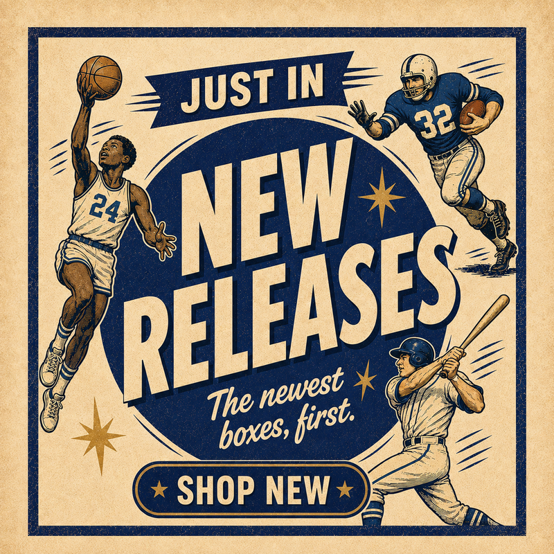 Vintage-style promotional poster with illustrated sports players and large text reading 'JUST IN NEW RELEASES' and 'SHOP NEW' on a tan background.