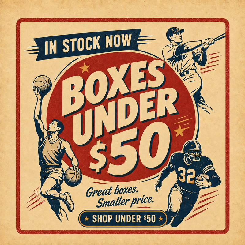 A vintage-style promotional poster advertising boxed products under $50, with illustrated sports players and large text on a tan background.