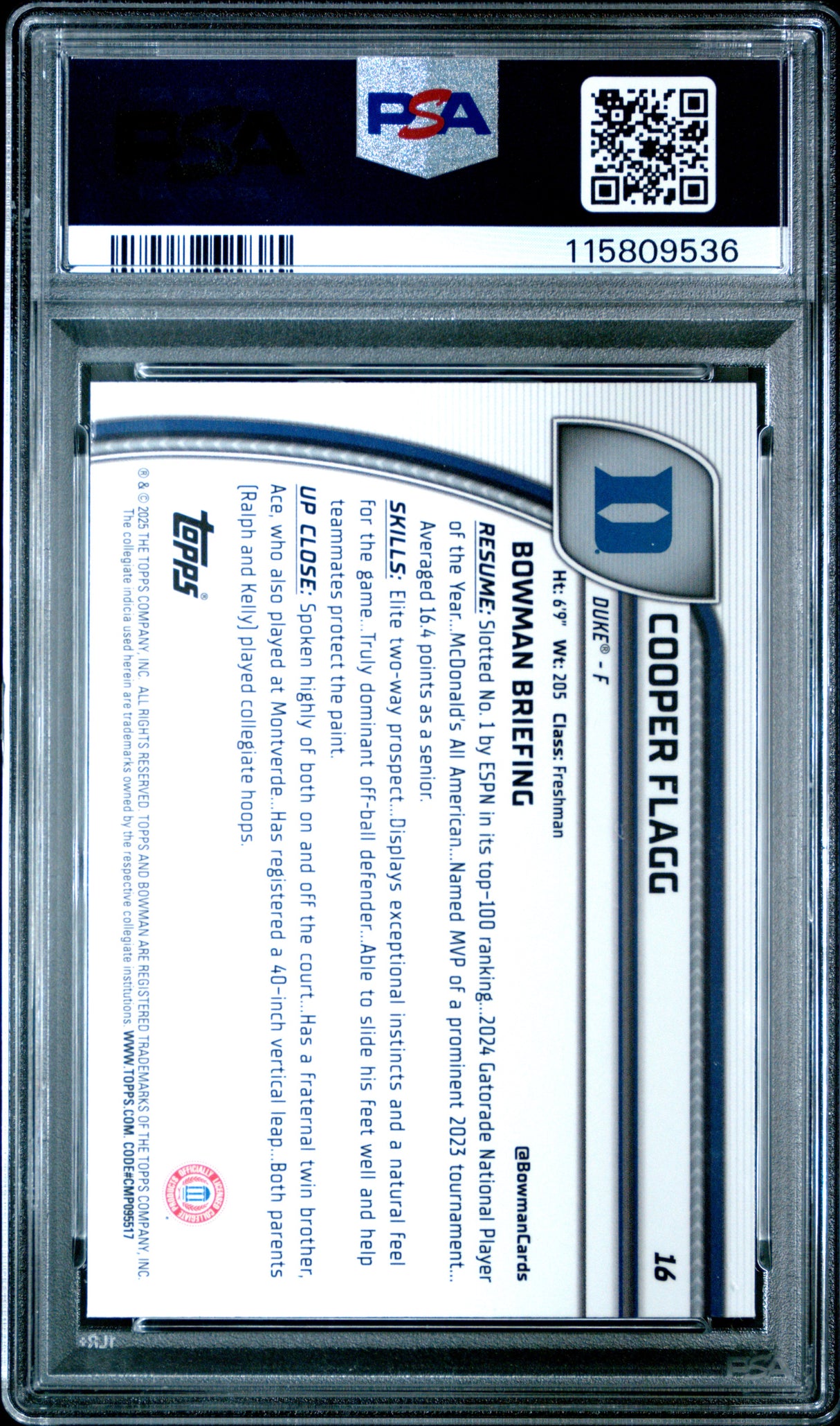 Cooper Flagg 2024 Bowman Chrome University 1st Green Shimmer PSA 10 Duke Mavs