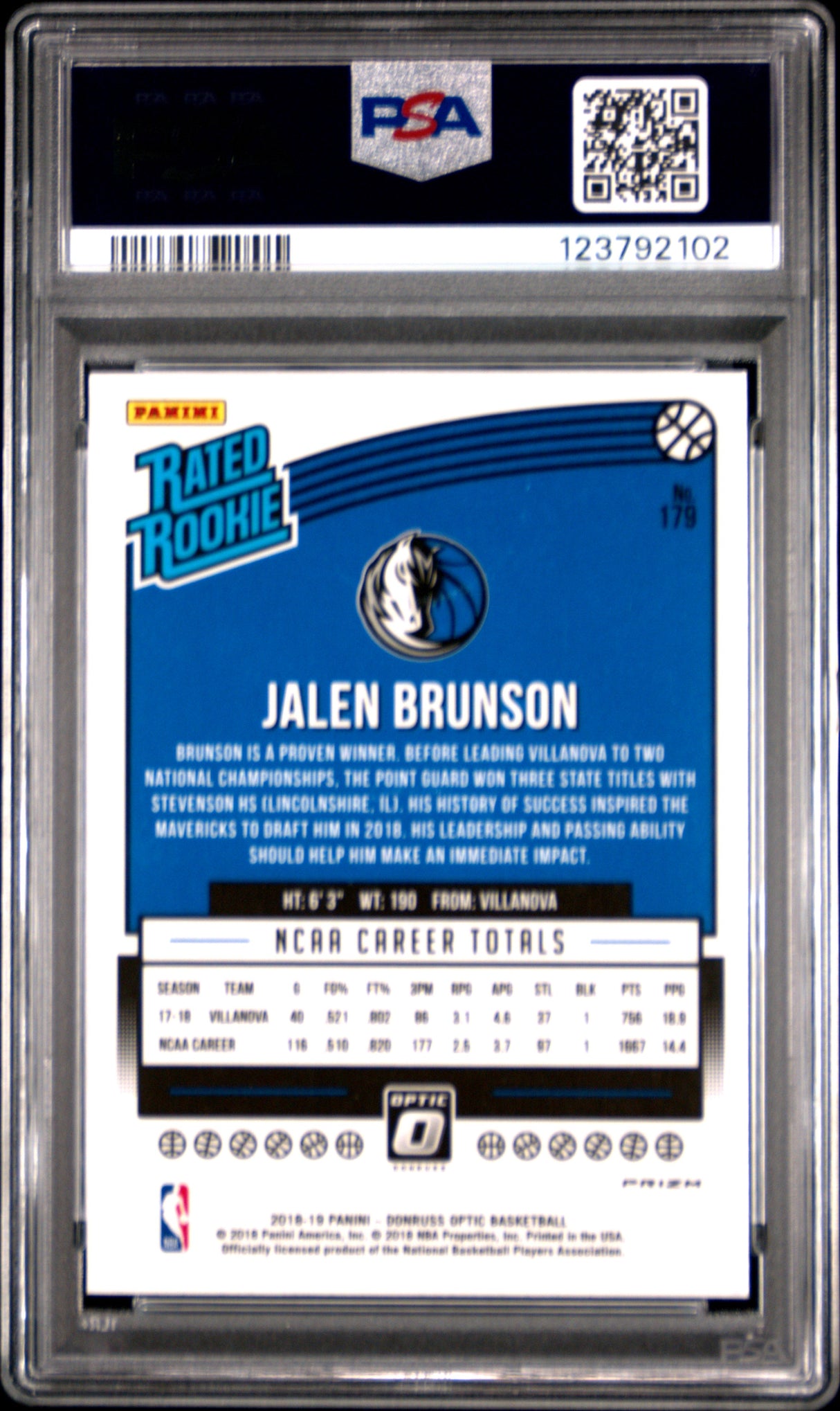 Jalen Brunson 2018 Panini Donruss Optic Shock Rookie RC PSA 8 Mavericks Knicks