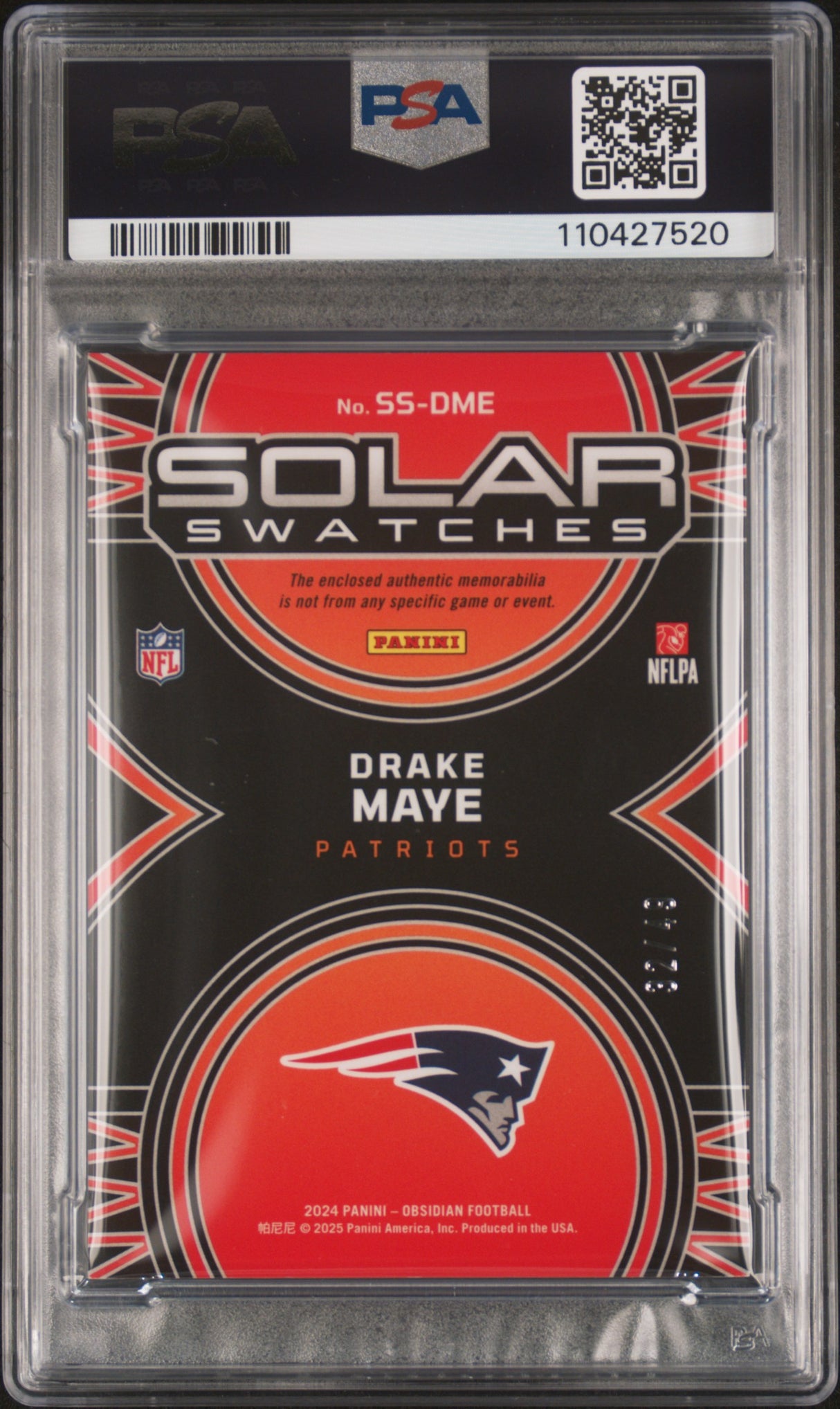 Drake Maye 2024 Obsidian Solar Swatches /49 4 Color Patch Rookie RC PSA 9