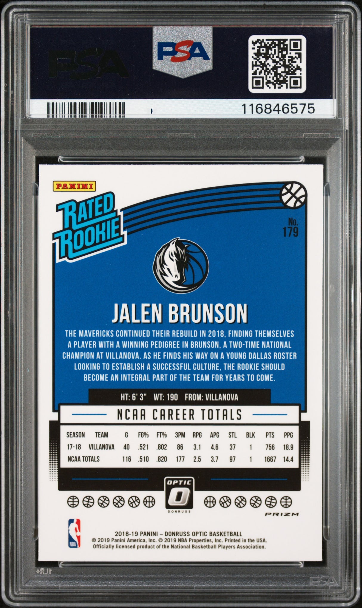 Jalen Brunson 2018 Panini Donruss Optic Holo Rookie RC PSA 9 Mint Knicks