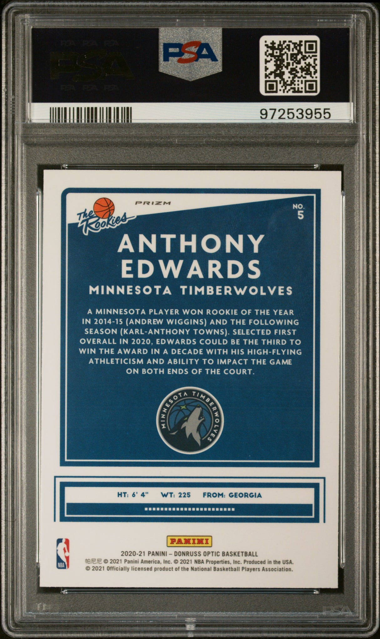 Anthony Edwards 2020 Panini Donruss Optic The Rookies Fast Break Rookie RC PSA 9