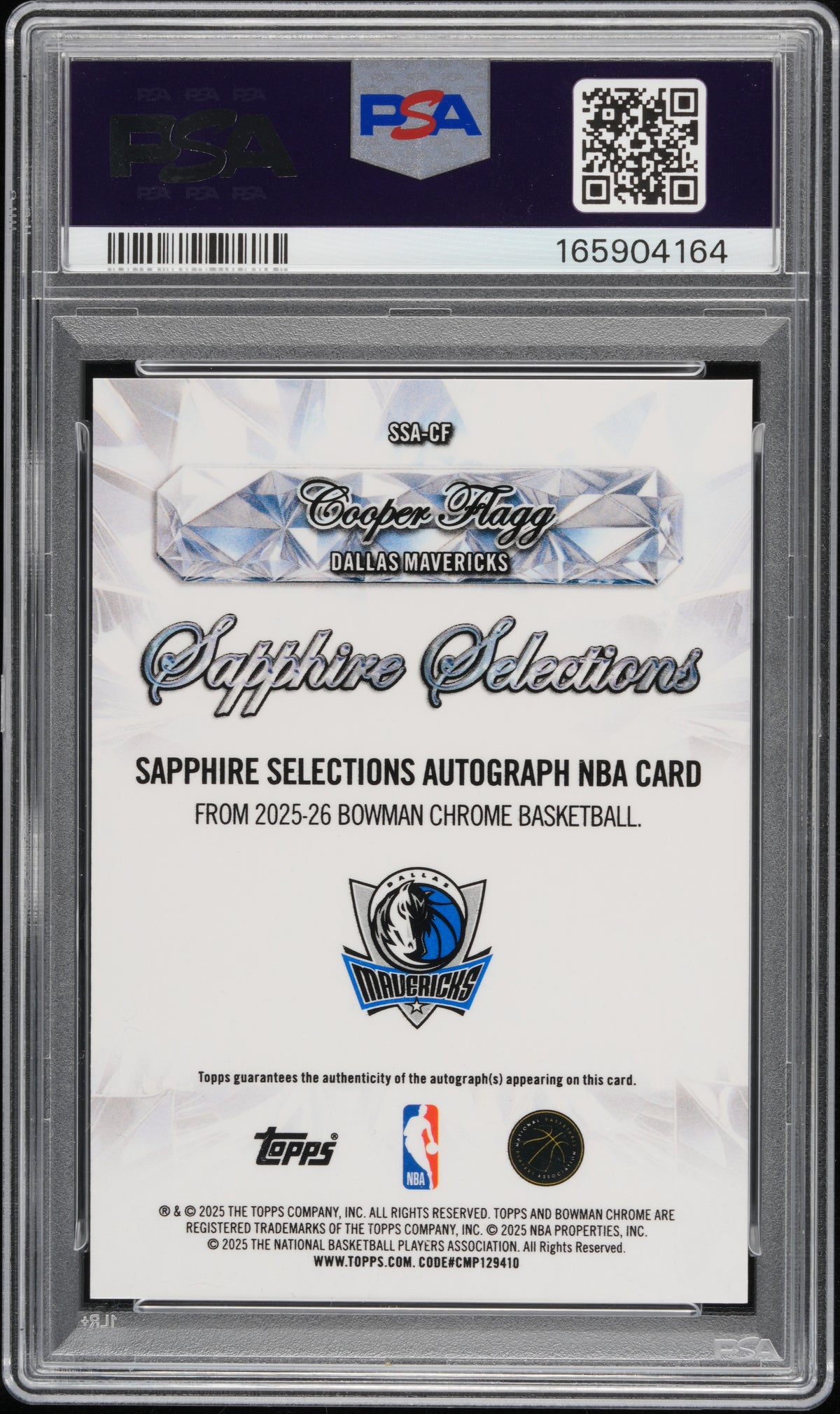 Cooper Flagg 2025 Bowman Sapphire Selections Rookie RC Auto PSA 10 Gem Mint
