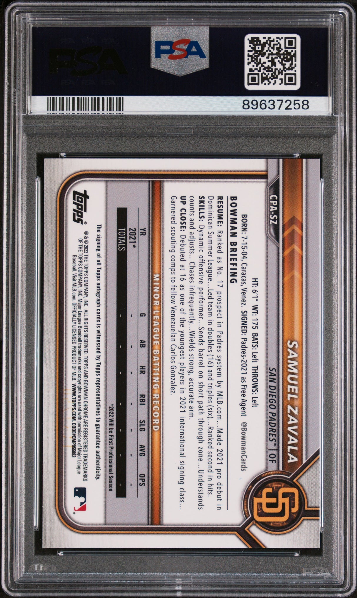 Samuel Zavala 2022 Bowman Chrome Prospect Auto Purple Refractor /250 PSA 9 Mint