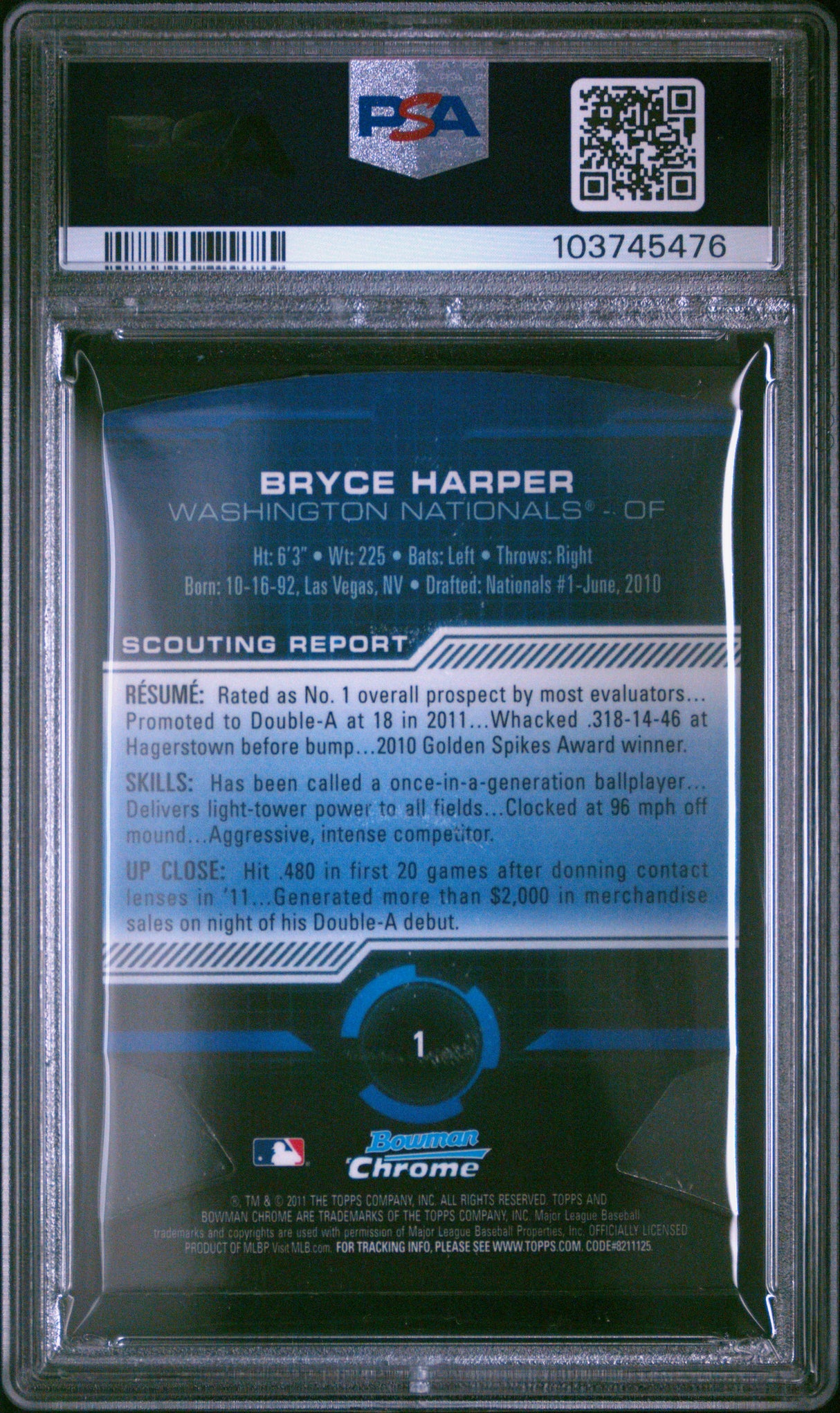 Bryce Harper 2011 Bowman Chrome Futures Refractor Die-Cut PSA 8 Near Mint