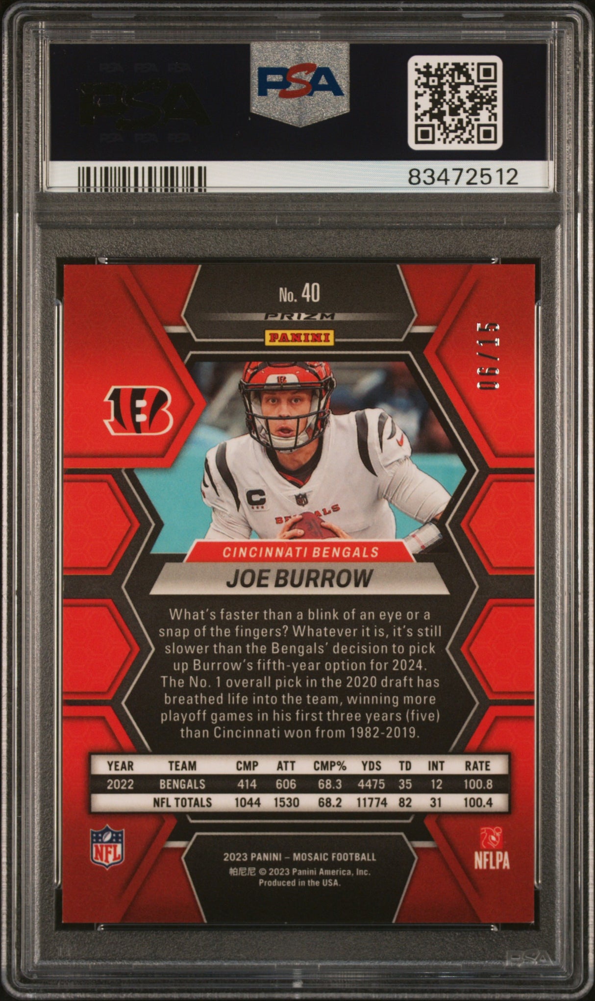 Joe Burrow 2023 Panini Mosaic Tessellation /15 PSA 9 SP Bengals