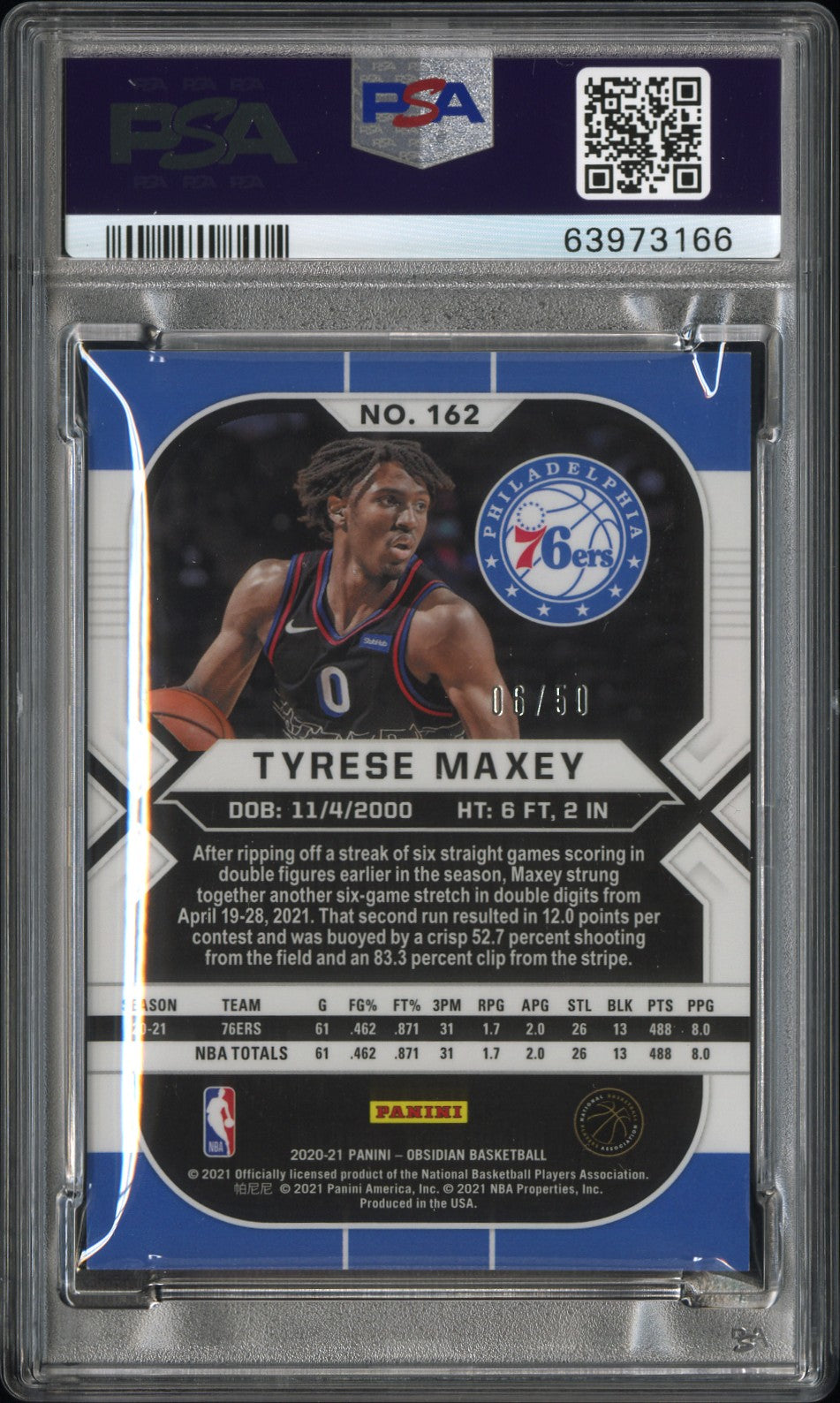 Tyrese Maxey 2020 Panini Obsidian Etch Orange /50 Rookie RC PSA 9 Mint 76ers