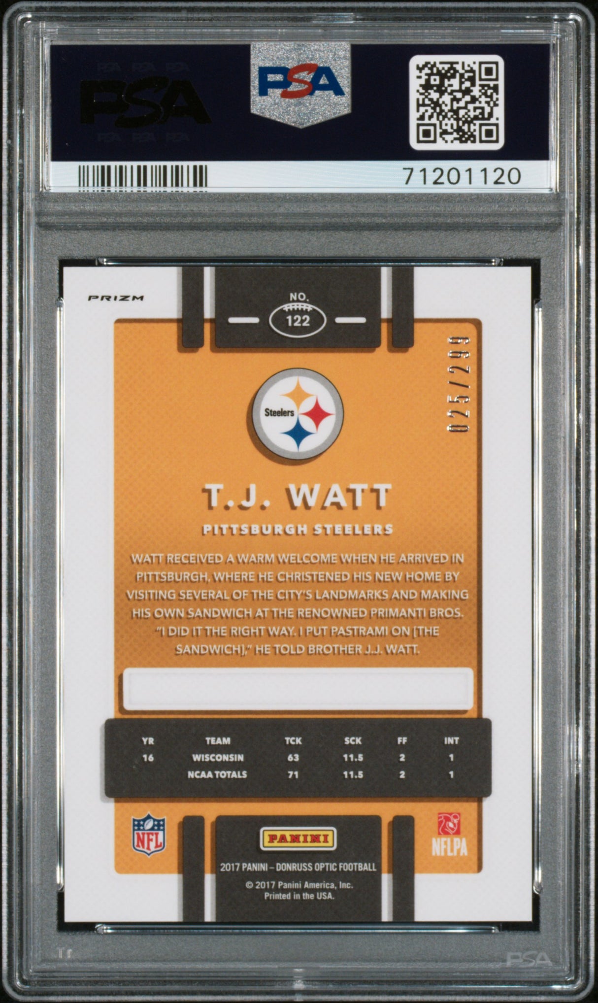 T. J. Watt 2017 Panini Donruss Optic Aqua /299 Rookie RC PSA 9 Mint Steelers