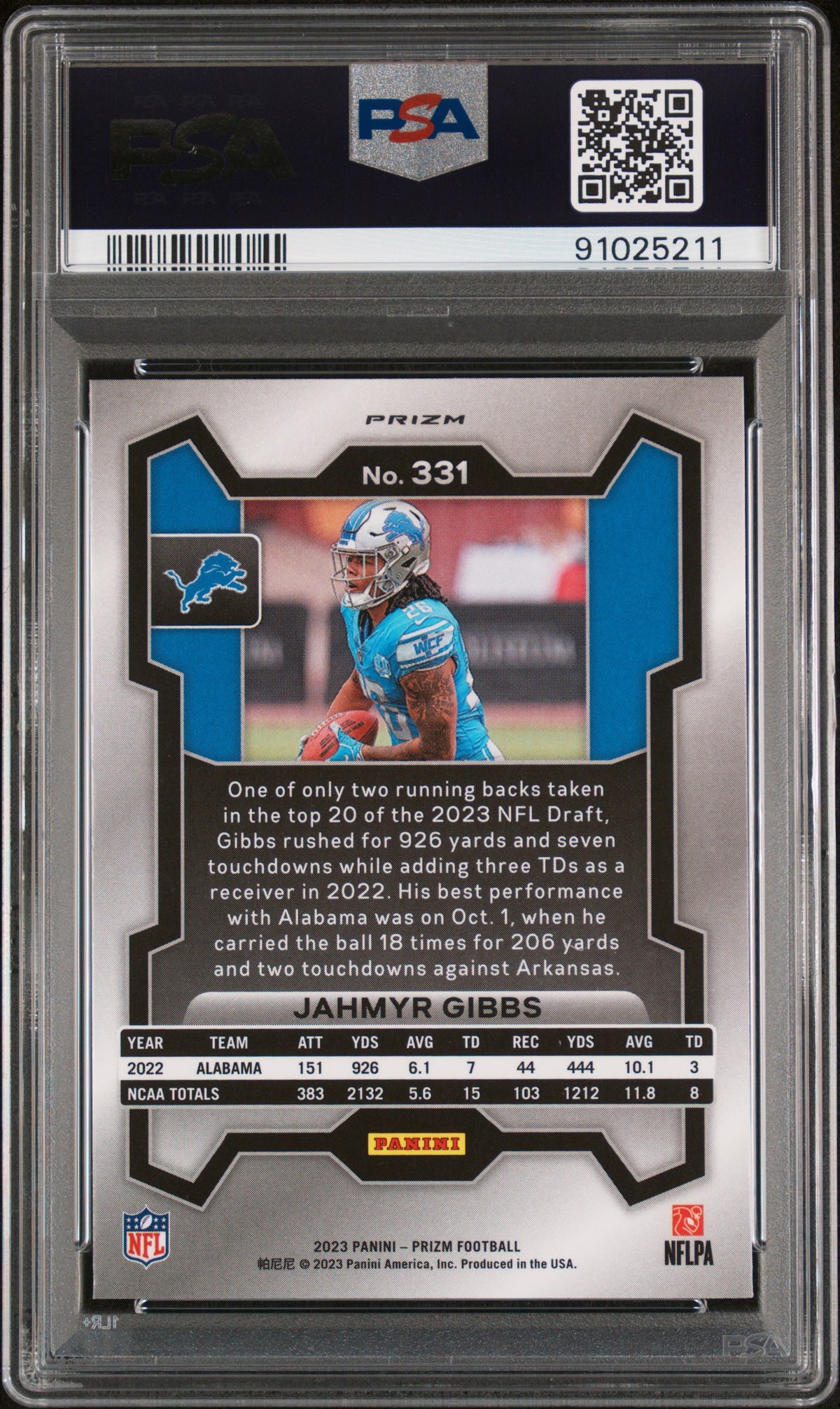 Jahmyr Gibbs 2023 Panini Prizm Silver Rookie RC PSA 9 Mint Lions
