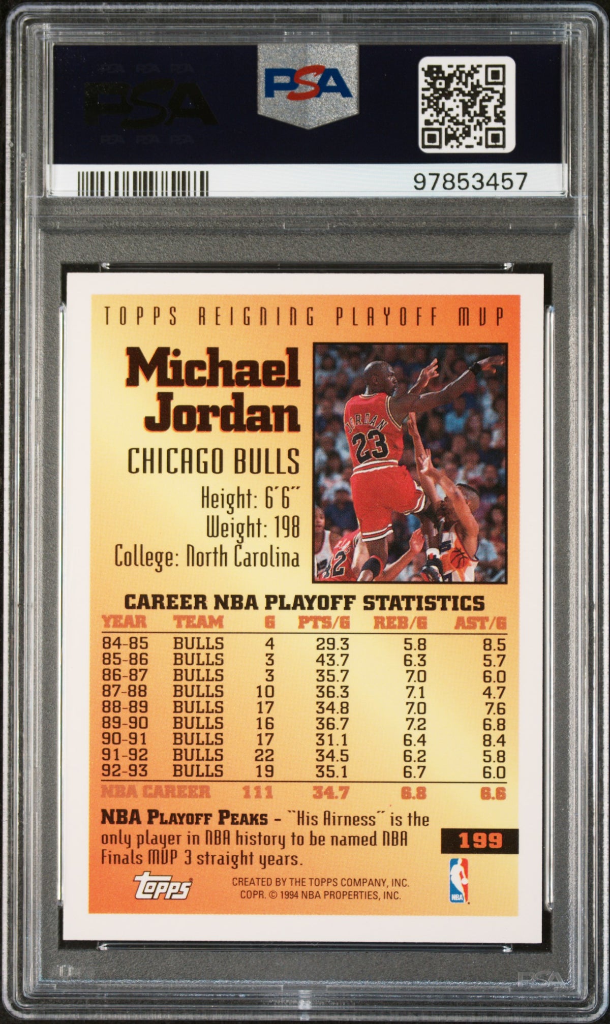 Michael Jordan 1993 Topps Playoff MVP PSA 9 Mint Bulls