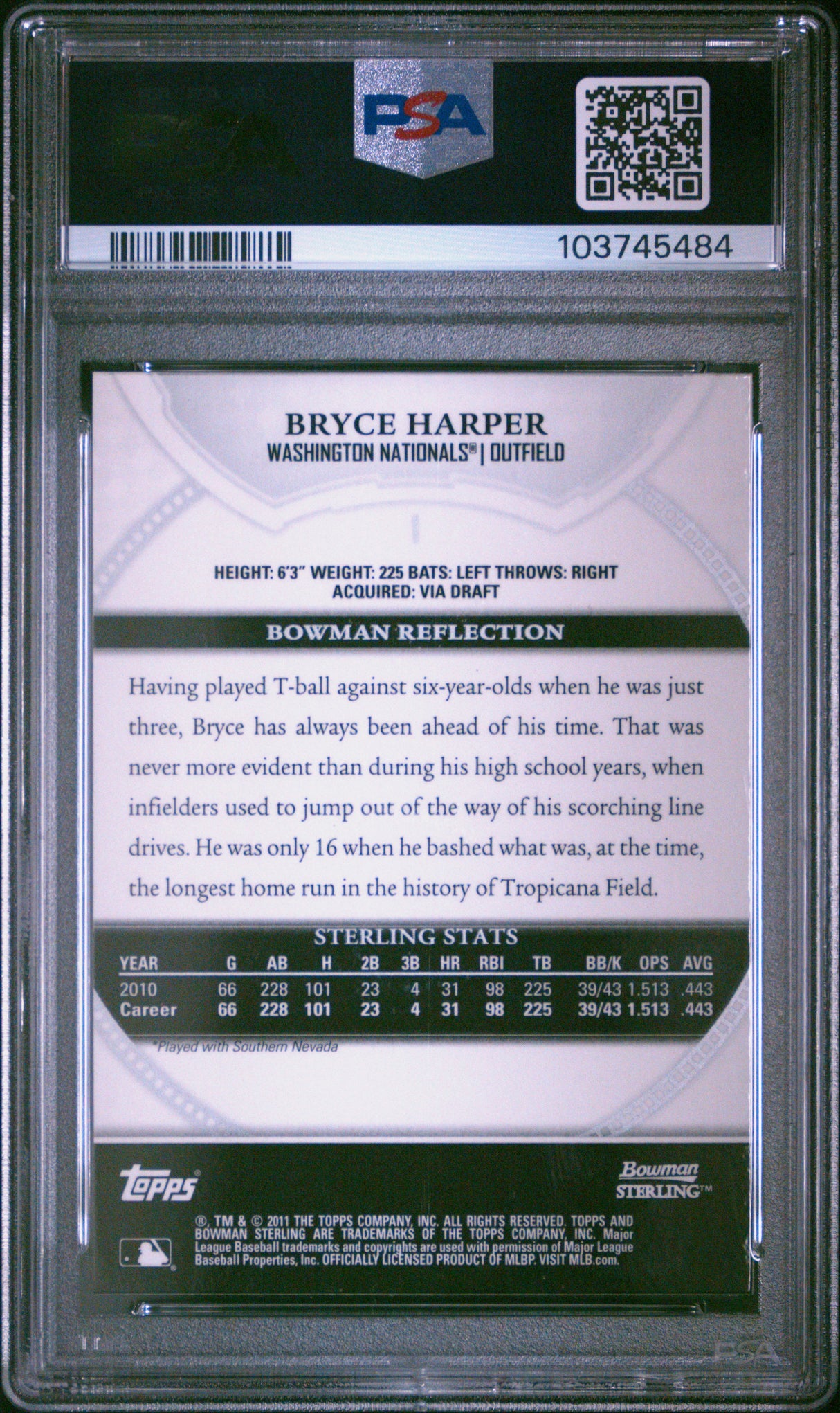 Bryce Harper 2011 Bowman Sterling Prospects PSA 9 Mint Nationals Phillies