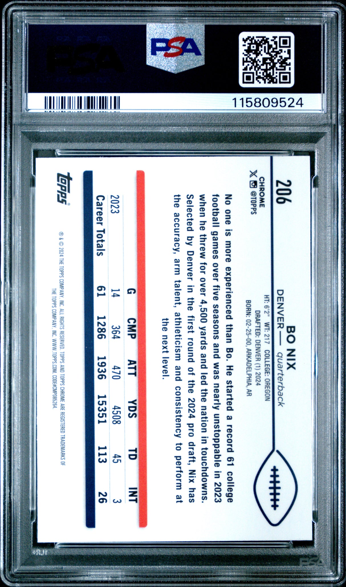 Bo Nix 2024 Topps Chrome Sapphire Rookie RC PSA 10 Gem Mint