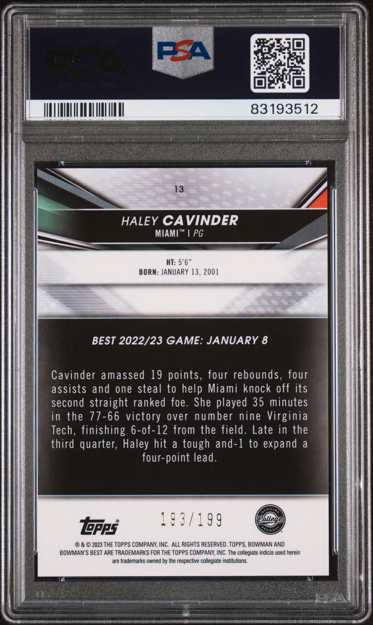 Haley Cavinder 2022 Bowman University Best Aqua Lava Refractor /199 PSA 10
