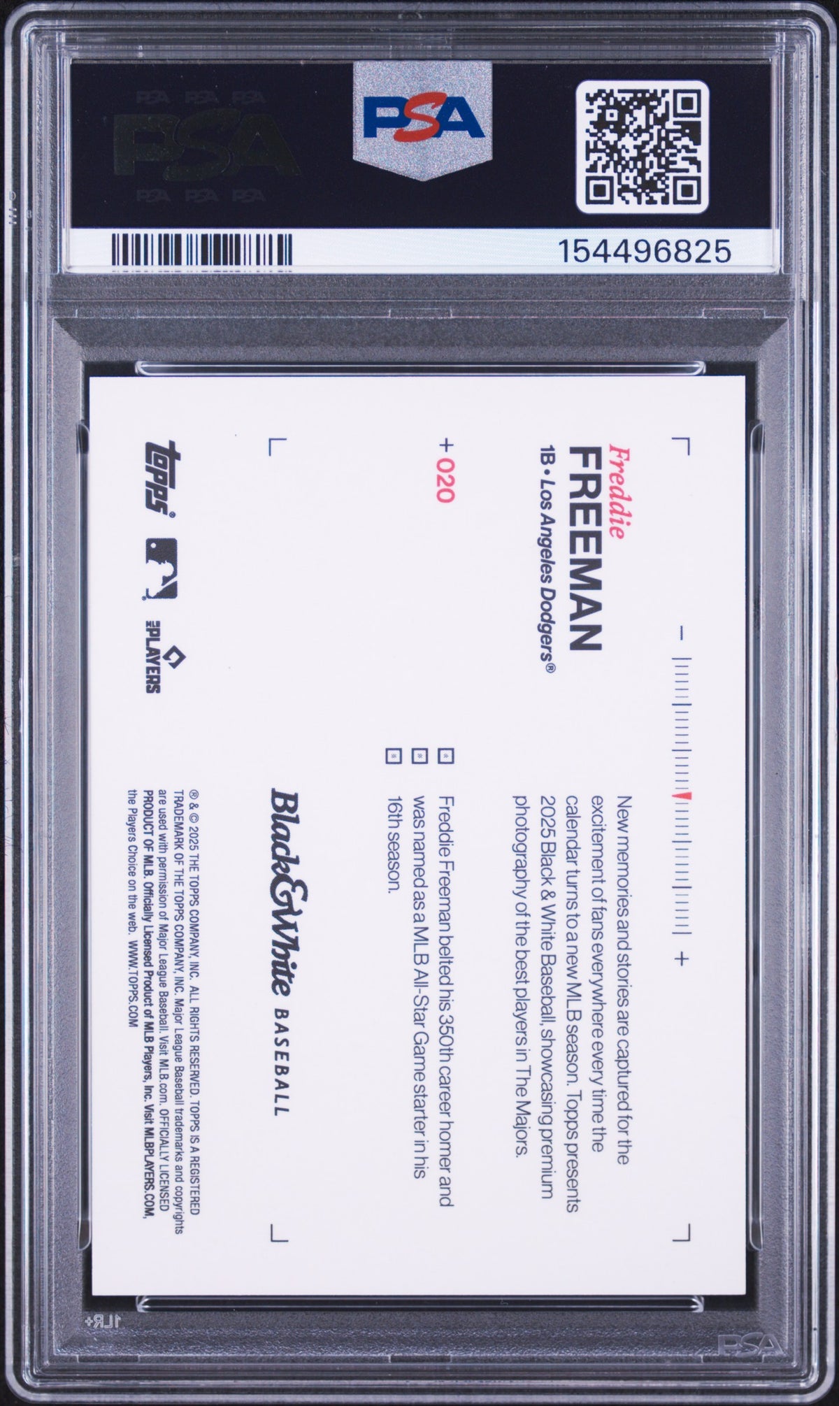 Freddie Freeman 2025 Topps Black & White Red 05/10 Jersey Match PSA 9 Baseball