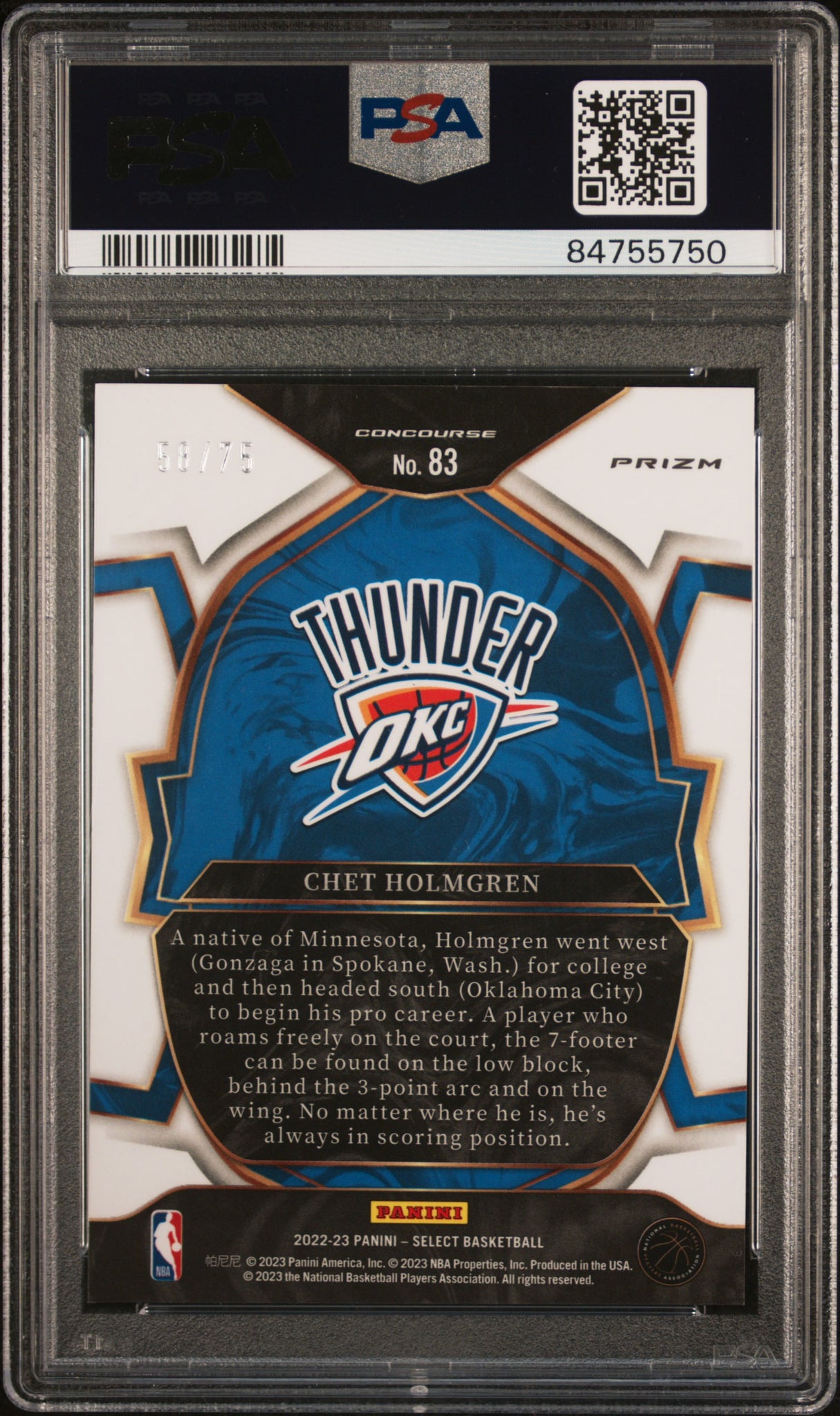 Chet Holmgren 2022 Panini Select Neon Green /75 Rookie RC PSA 10 Thunder