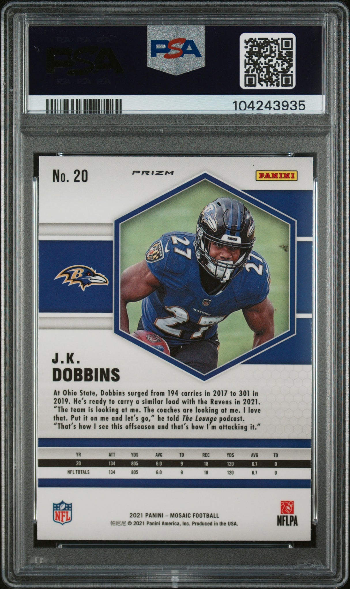 J. K. Dobbins 2021 Panini Mosaic Peacock Choice SP PSA 10 Gem Mint