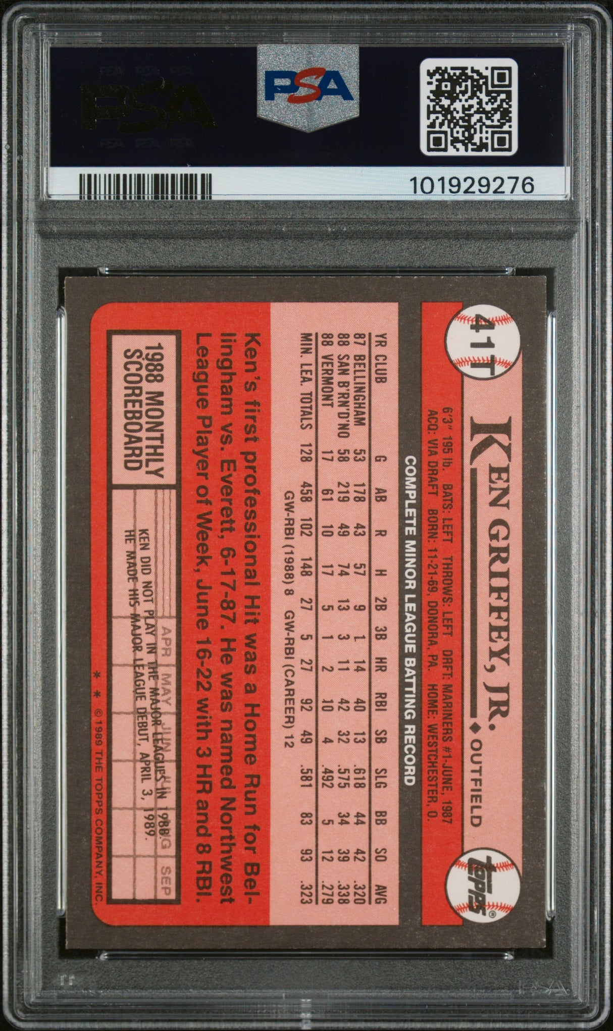 Ken Griffey Jr 1989 Topps Traded Rookie RC PSA 8 Mariners HOF