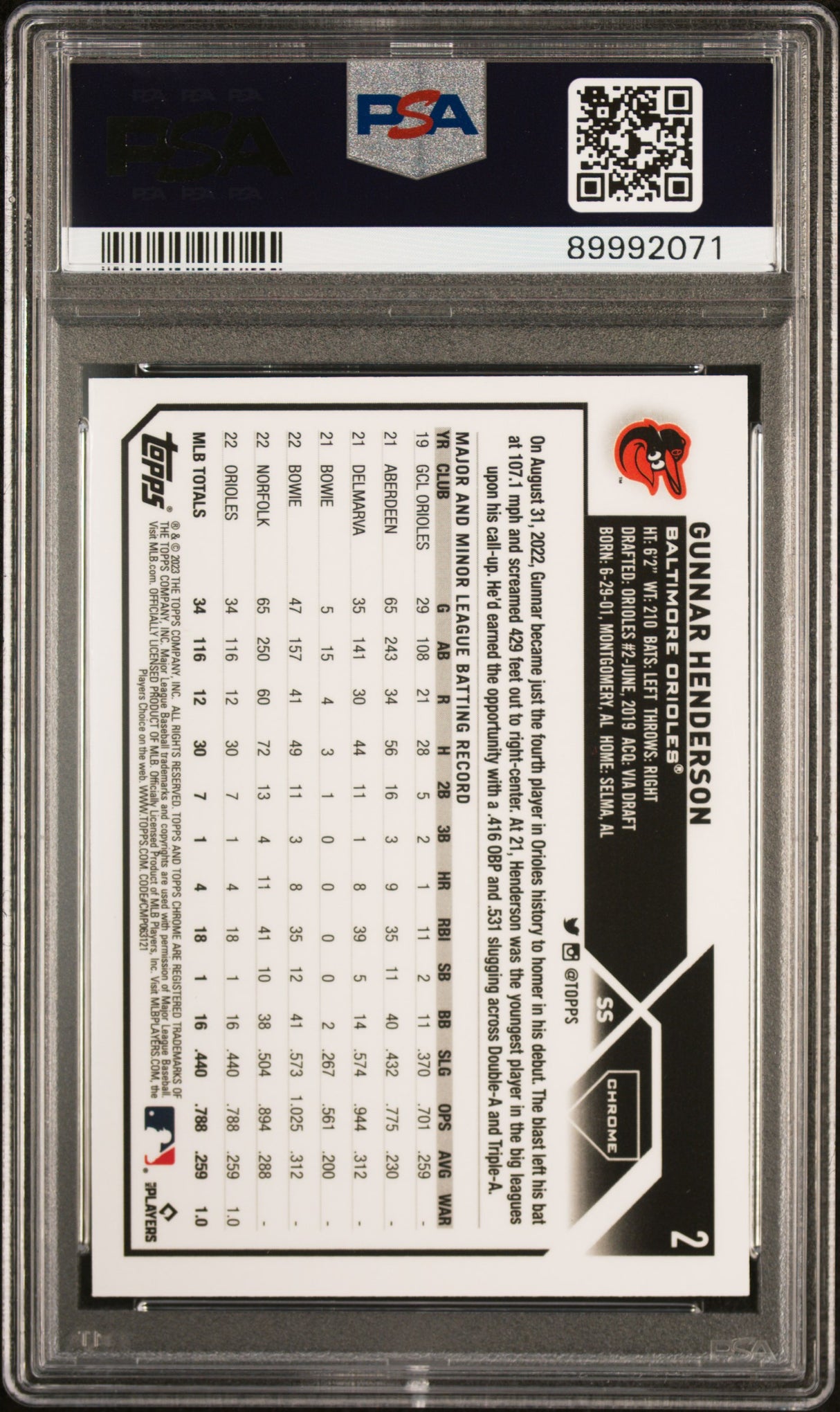 Gunnar Henderson 2023 Topps Chrome Rookie RC PSA 9 Mint