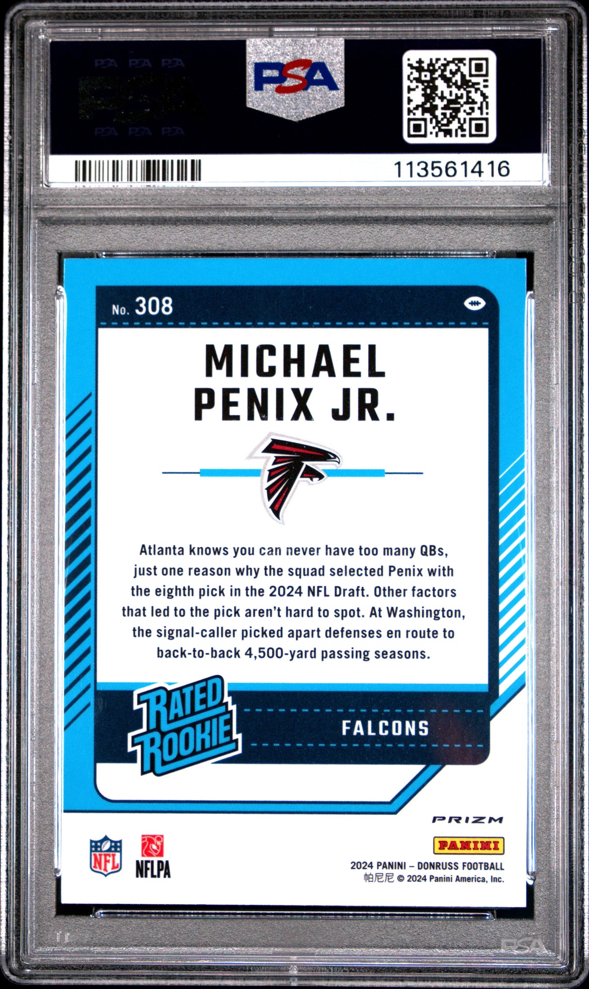 Michael Penix JR. 2024 Donruss Optic Preview Blue Scope PSA 9 Mint Falcons
