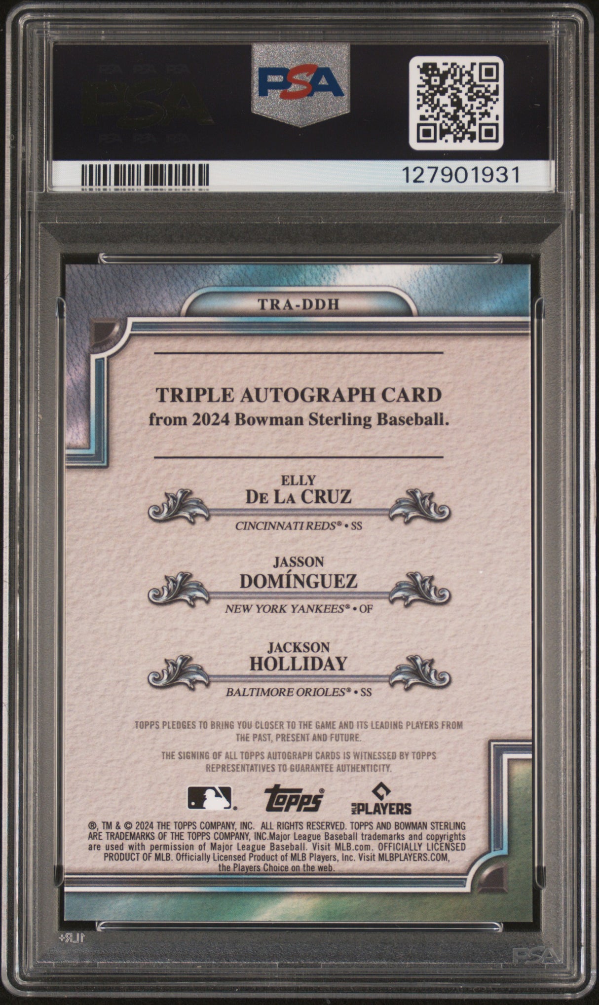 DE LA CRUZ DOMINGUEZ HOLLIDAY 2024 Bowman Sterling Black Diamond Auto /10 PSA 10