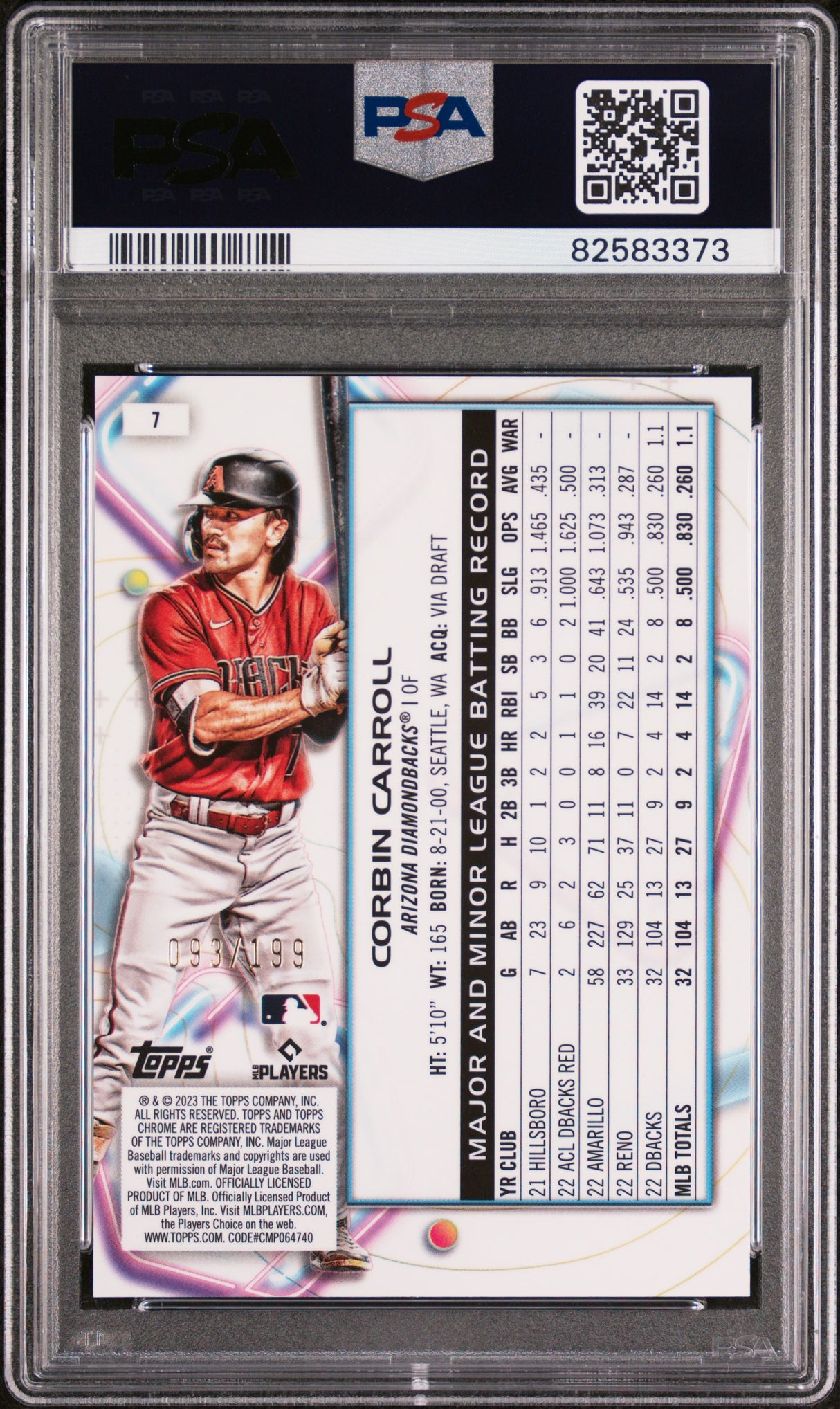 Corbin Carroll 2023 Topps Cosmic Chrome Aqua Equinox /199 Rookie RC PSA 10