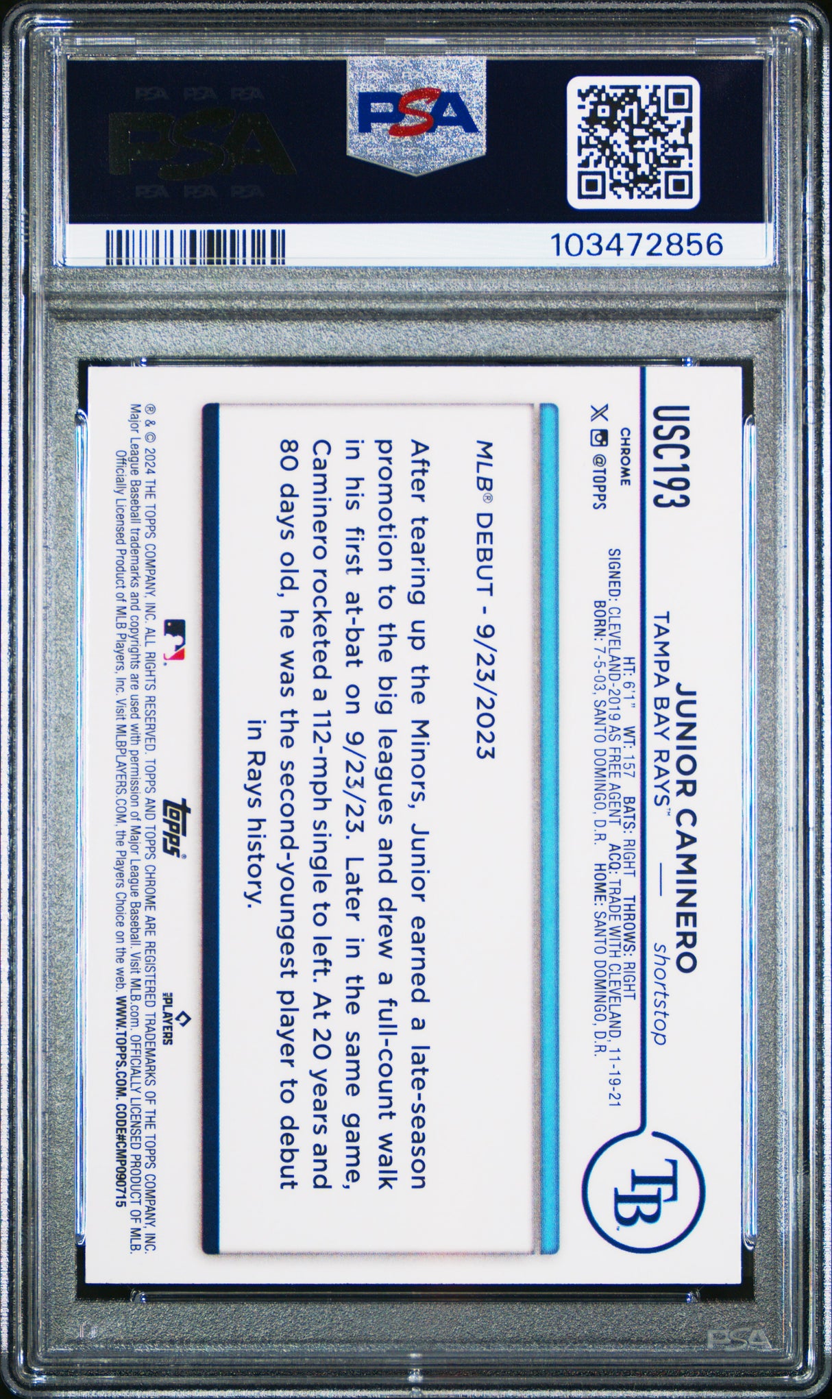 JUNIOR CAMINERO 2024 TOPPS CHROME UPDATE X-FRACTOR #USC193 ROOKIE RC PSA 9 Mint