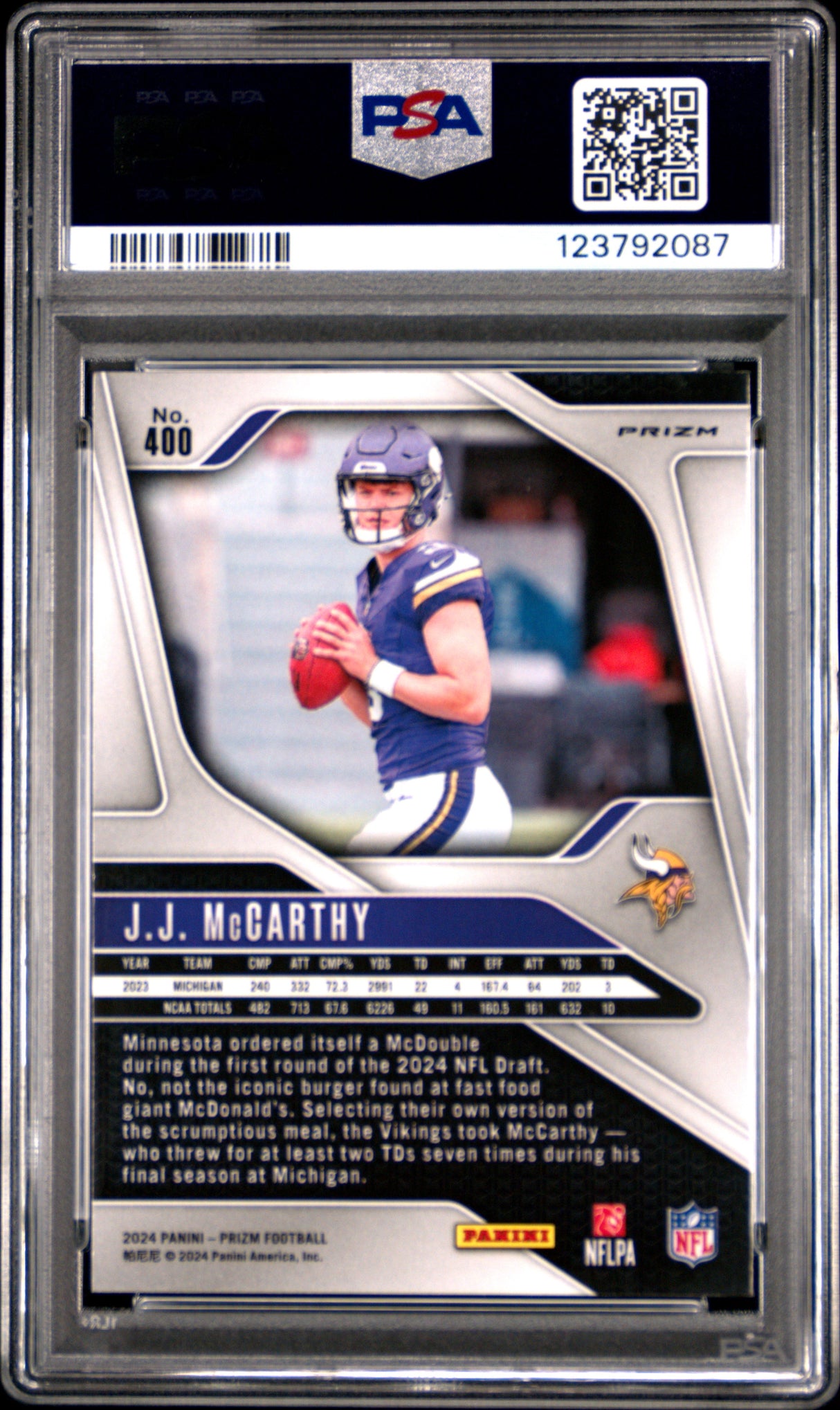 JJ Mccarthy 2024 Panini Prizm Silver Rookie RC PSA 8 Vikings