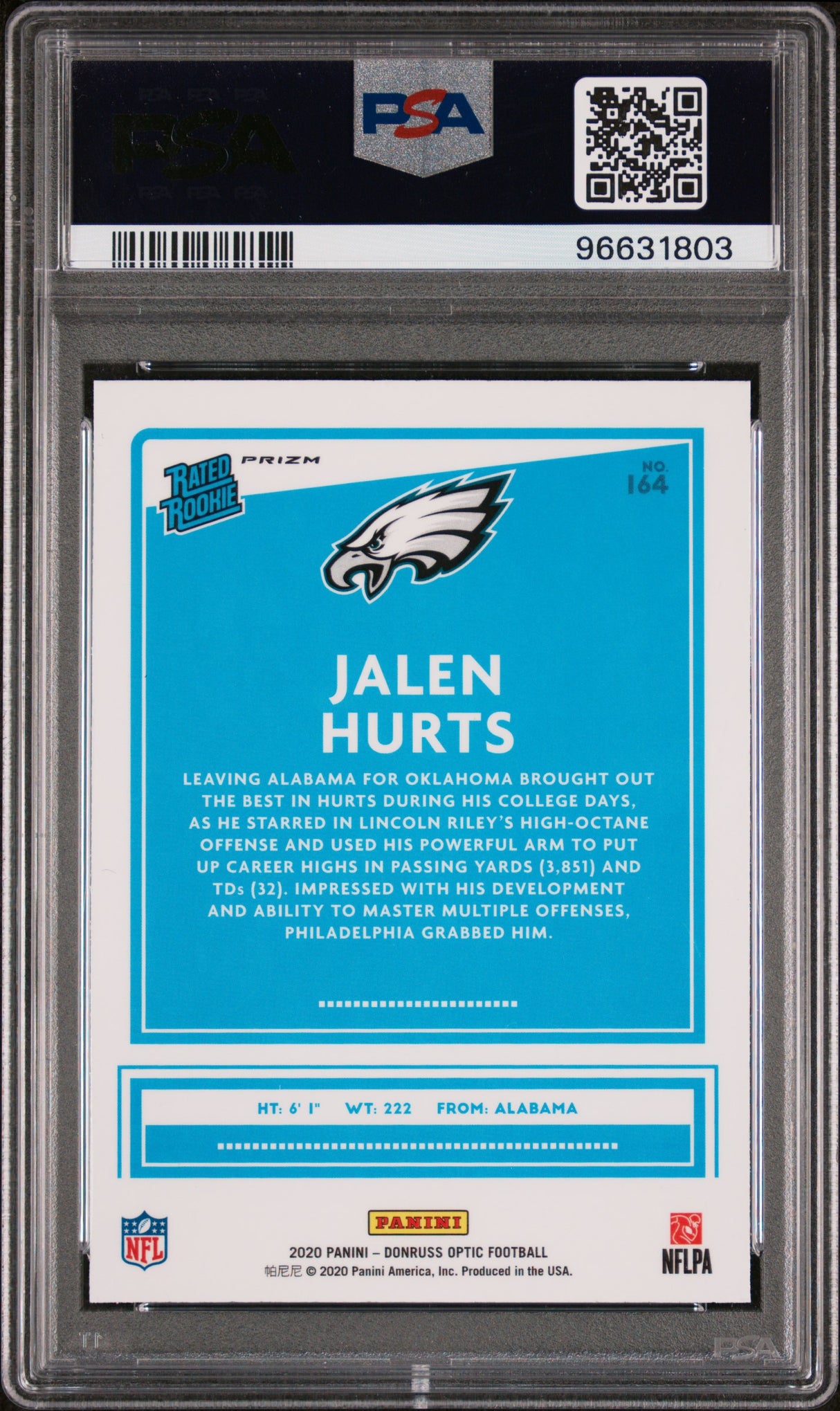Jalen Hurts 2020 Panini Donruss Optic Purple Shock Rookie RC PSA 10 Gem Mint