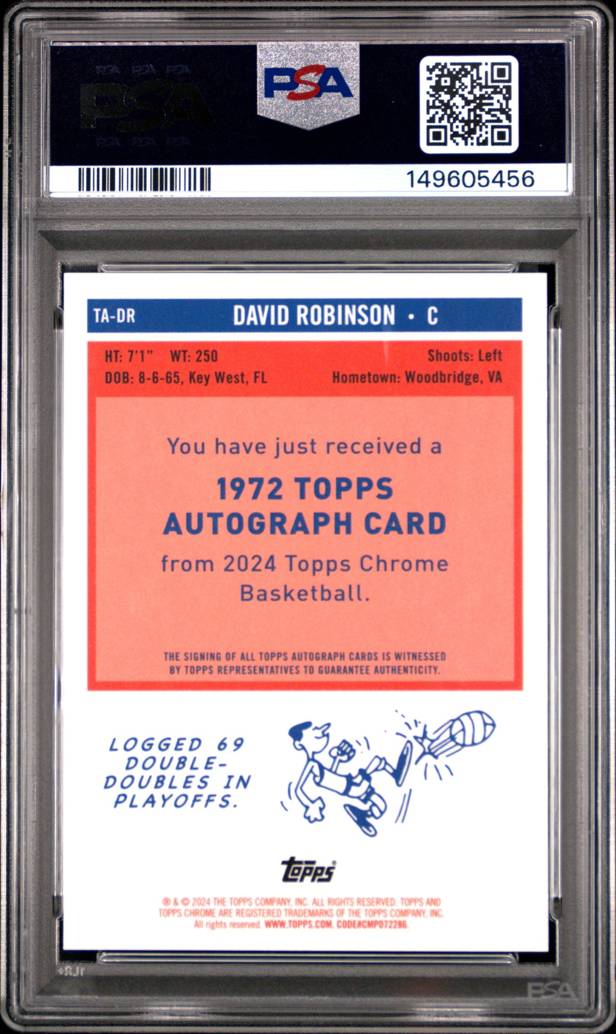 David Robinson 2023-24 Topps Chrome Sapphire Orange Auto 1/25 PSA 10 Spurs