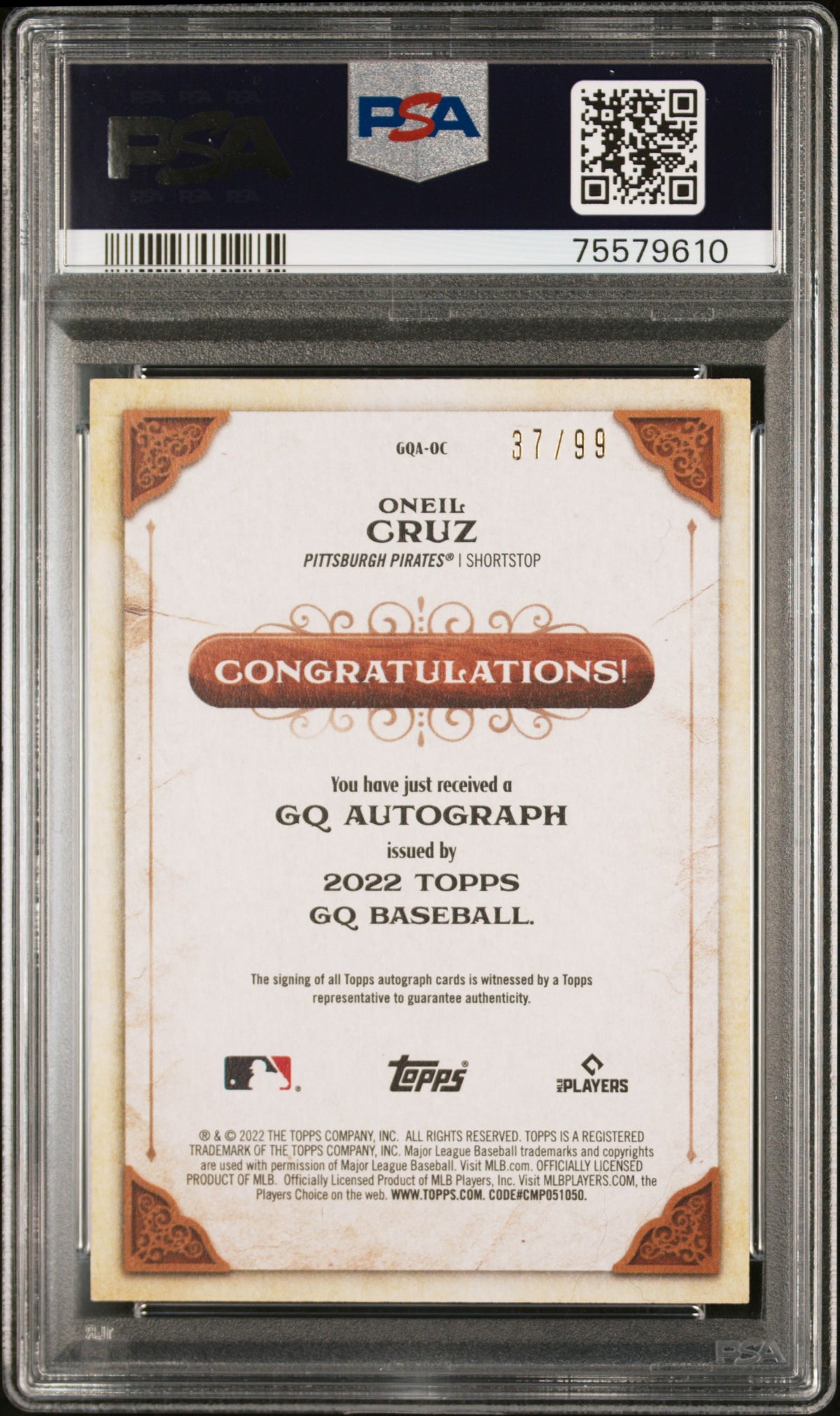 Oneil Cruz 2022 Topps Gypsy Queen Blue /99 Auto Rookie RC PSA 10 Gem Mint