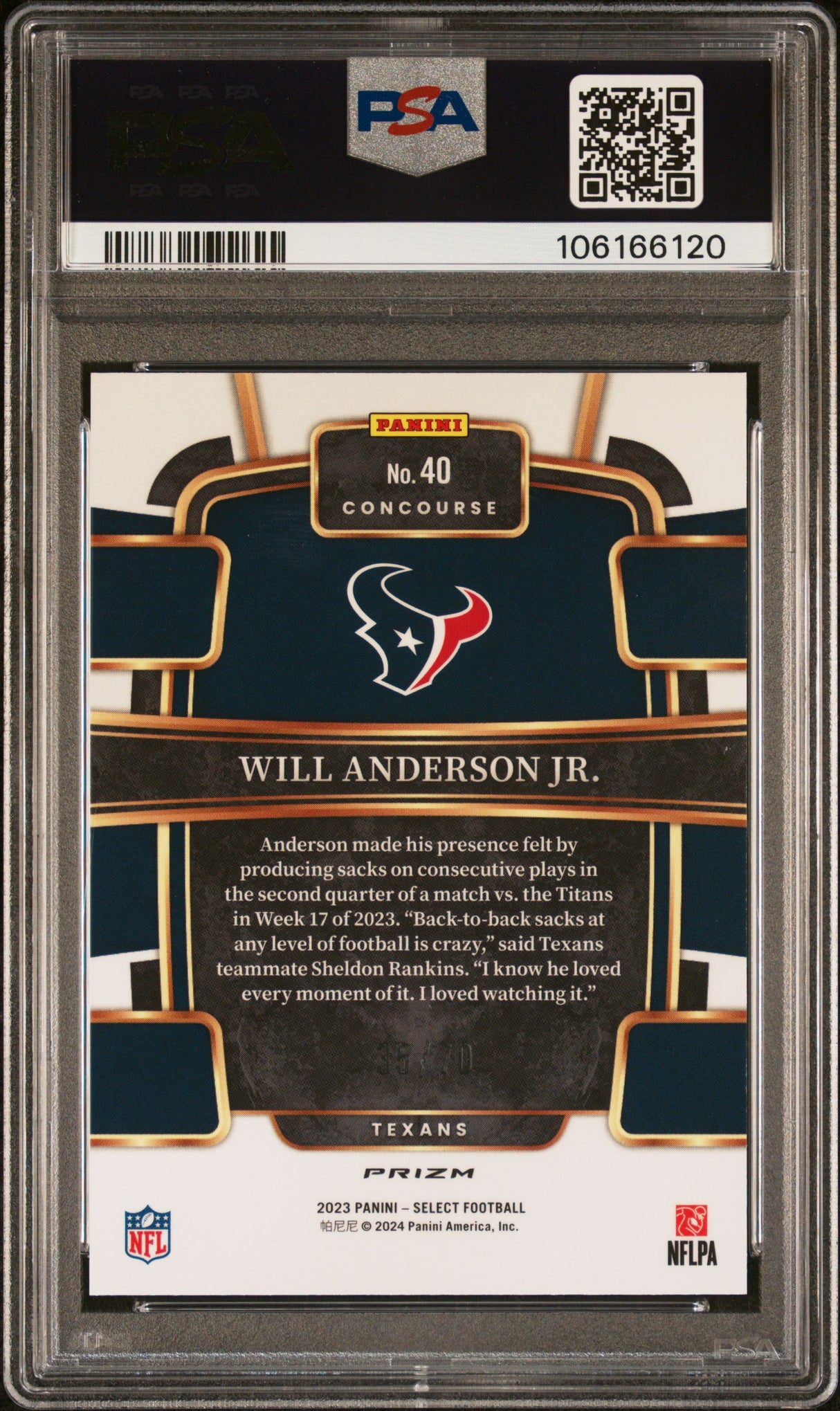 Will Anderson Jr. 2023 Panini Select Dragon Scale /70 Rookie RC PSA 10 Gem Mint