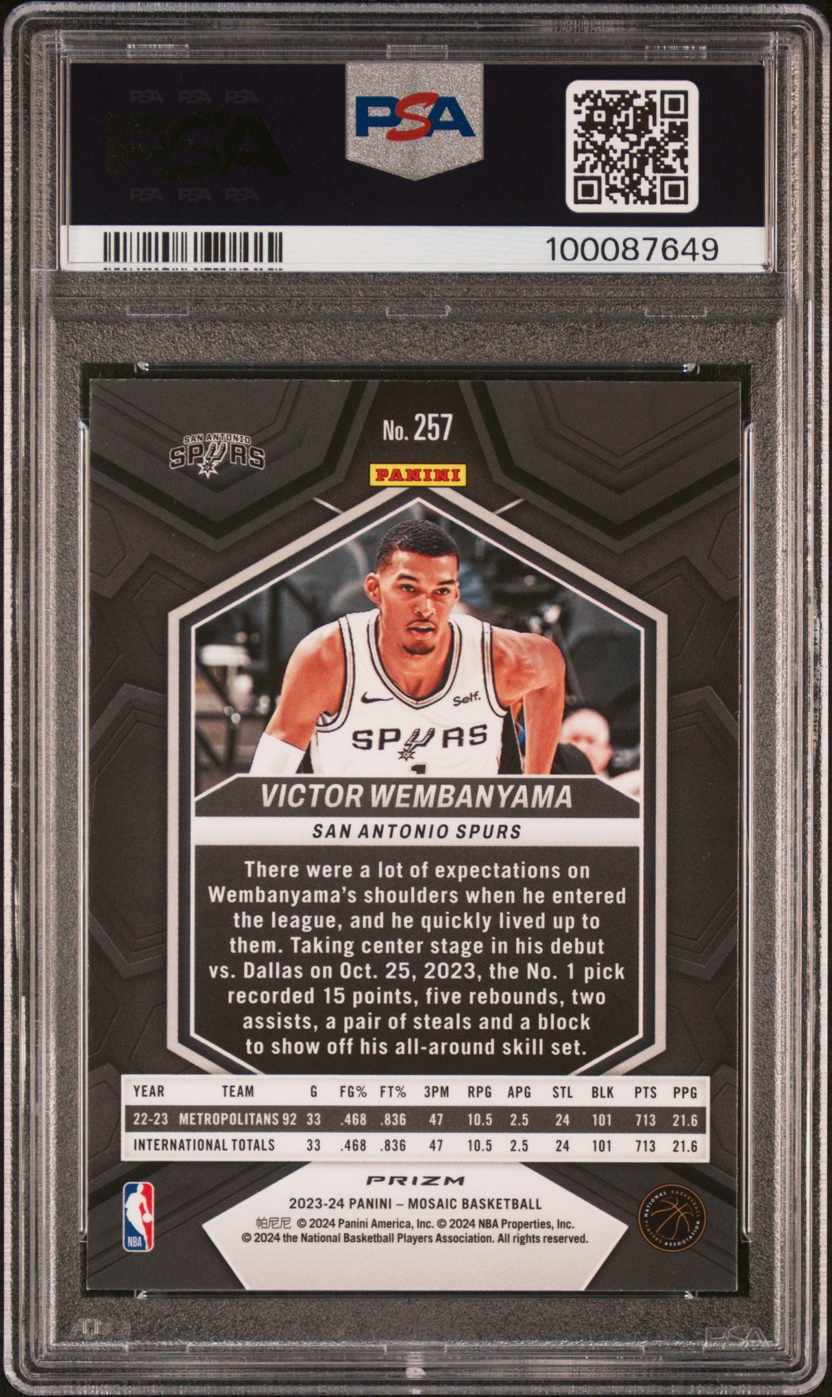 Victor Wembanyama 2023 Panini Mosaic Reactive Yellow Rookie RC PSA 10 Spurs