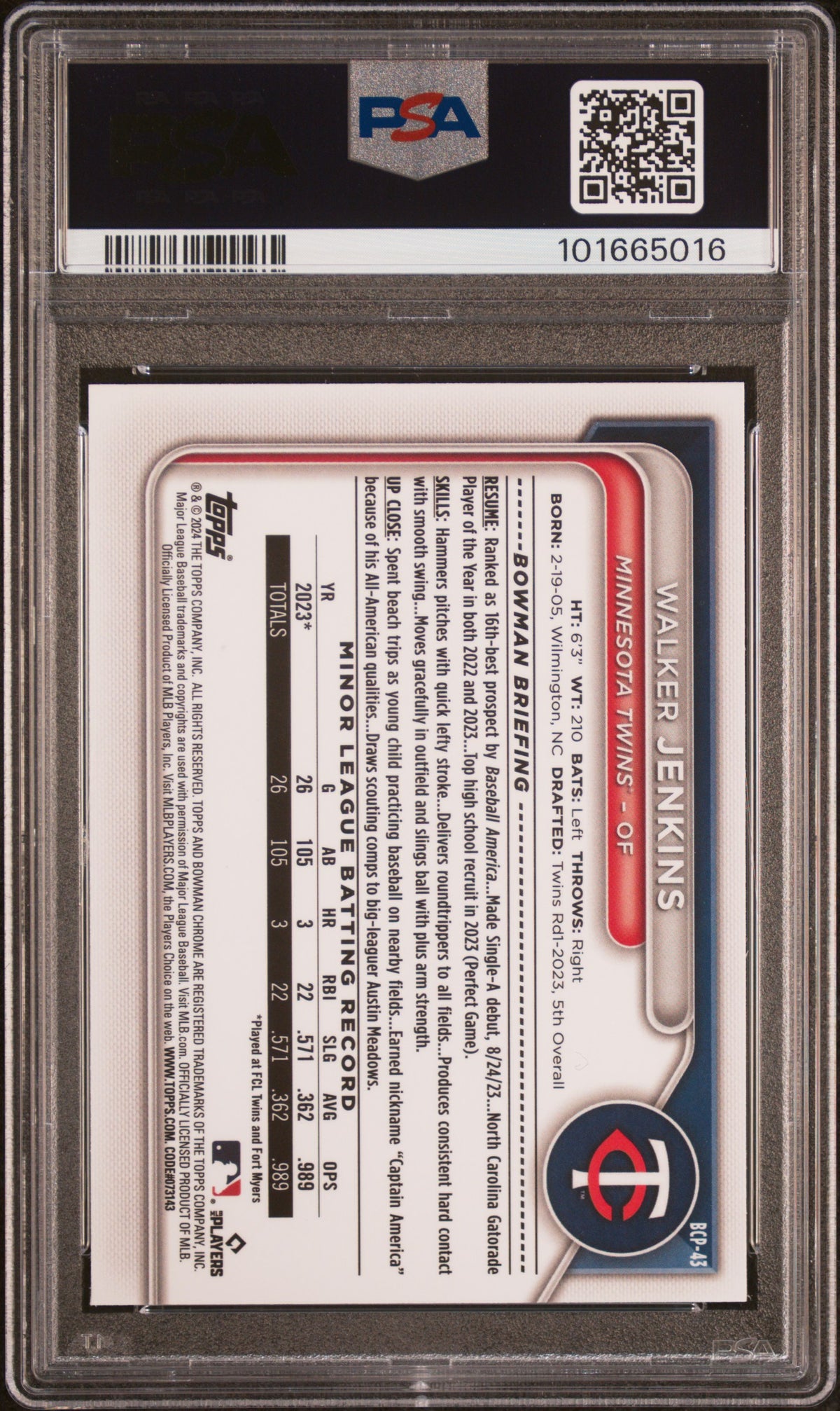 Walker Jenkins 2024 Bowman Chrome 1st Prospects Lunar Glow Refractor PSA 10