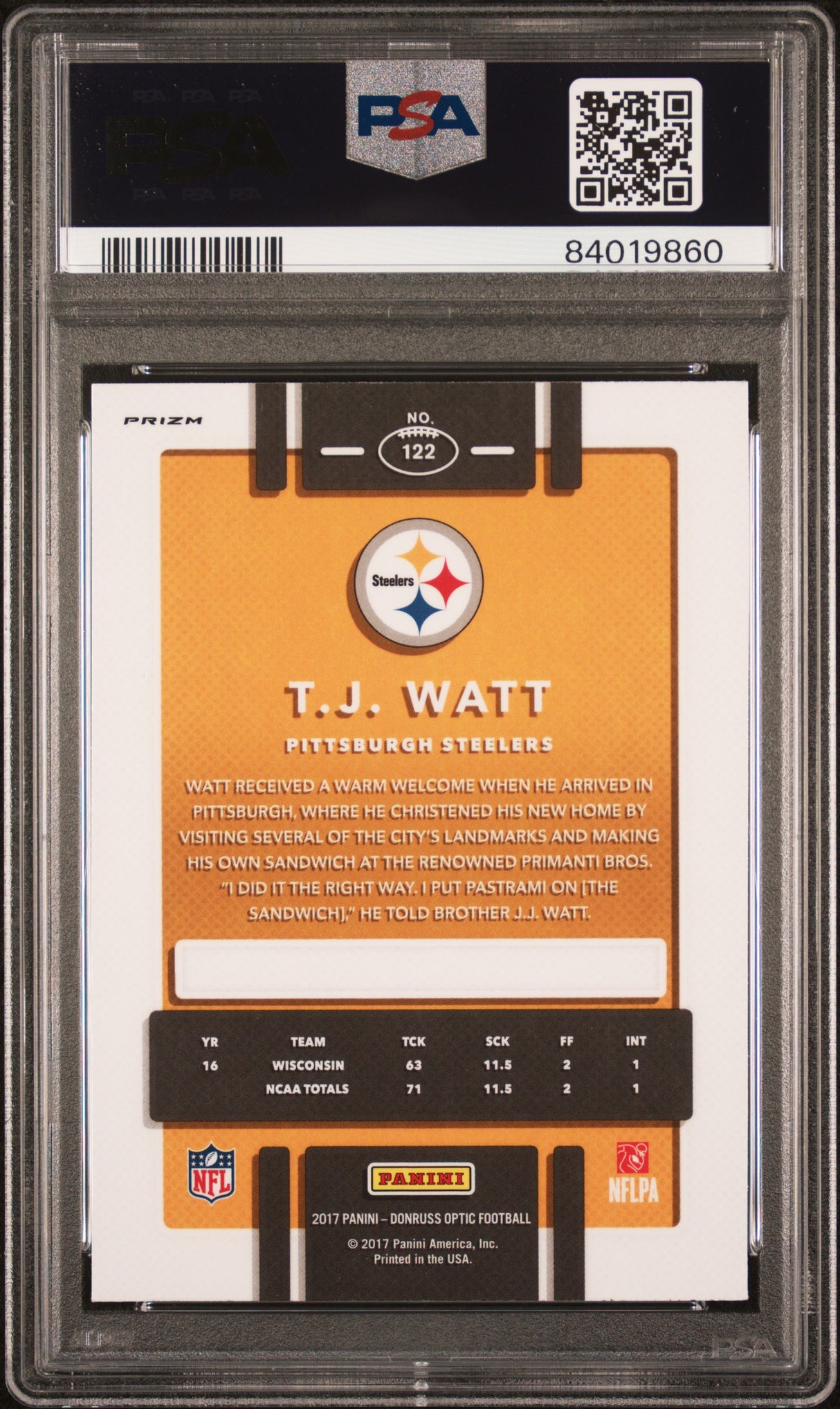 TJ Watt 2017 Panini Donruss Optic Pink Rookie RC PSA 10 Gem Mint Steelers